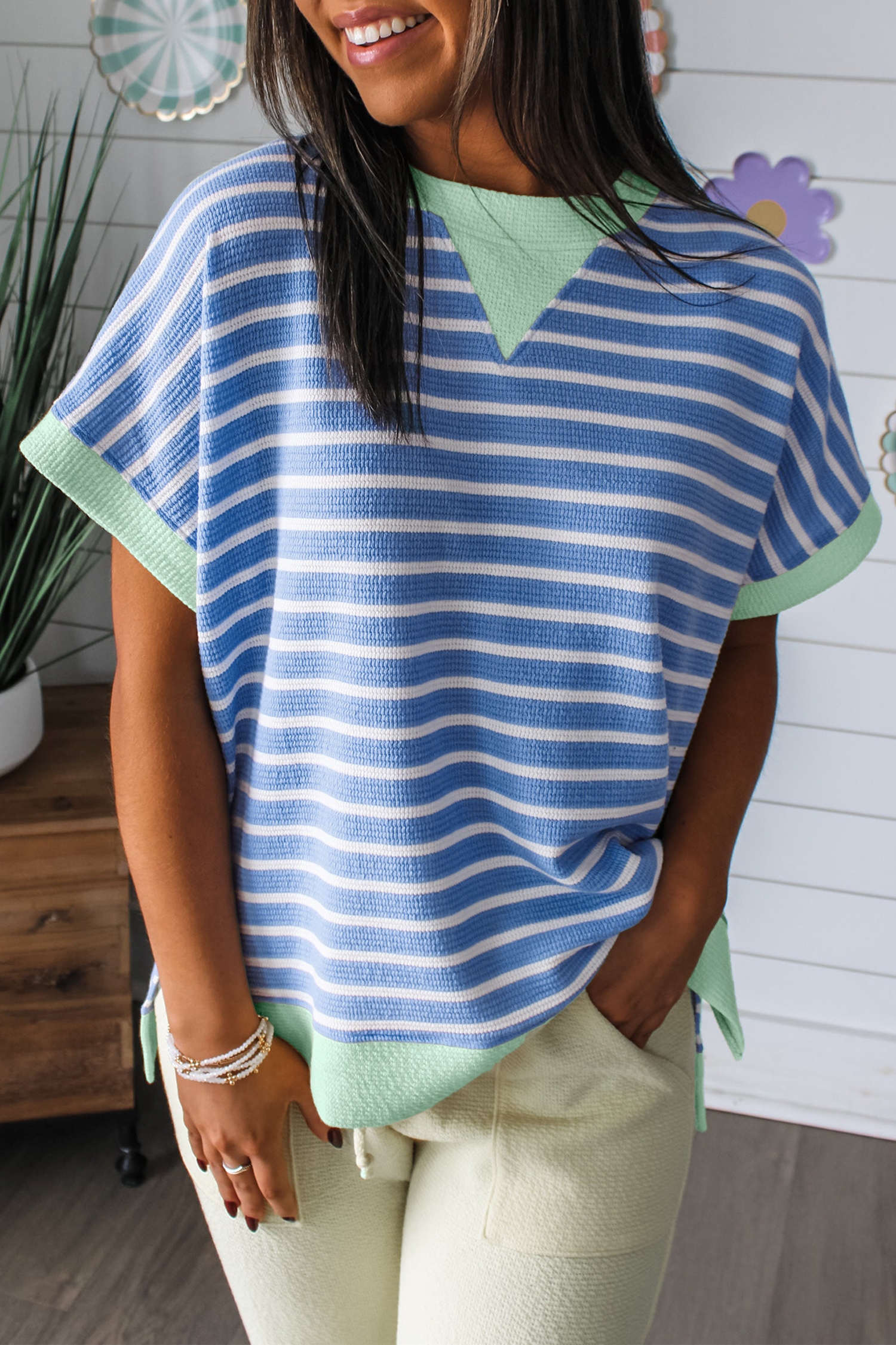 Sky Blue Stripe Contrast Trim Loose Short Sleeve Top view 9