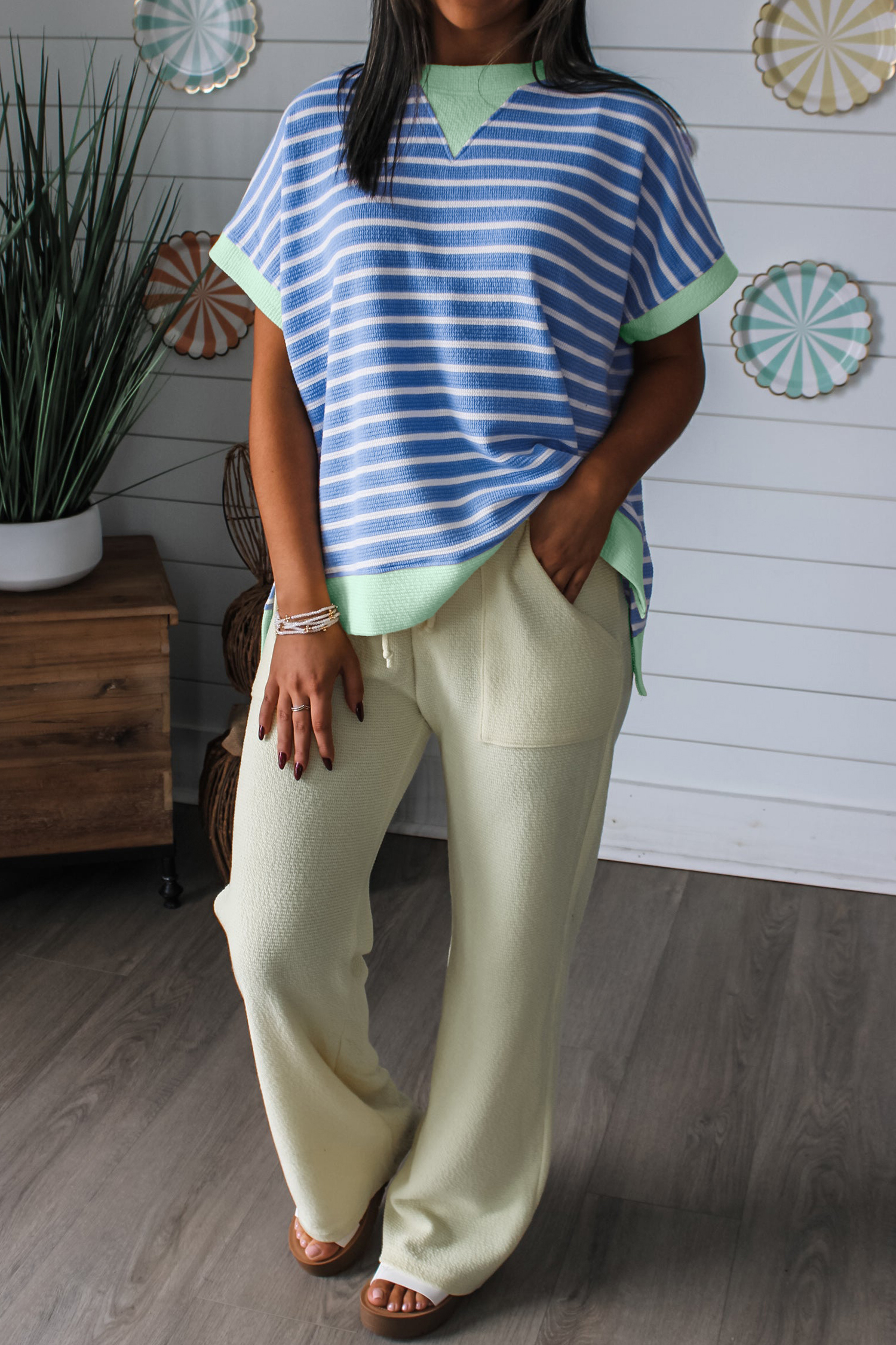 Sky Blue Stripe Contrast Trim Loose Short Sleeve Top view 11