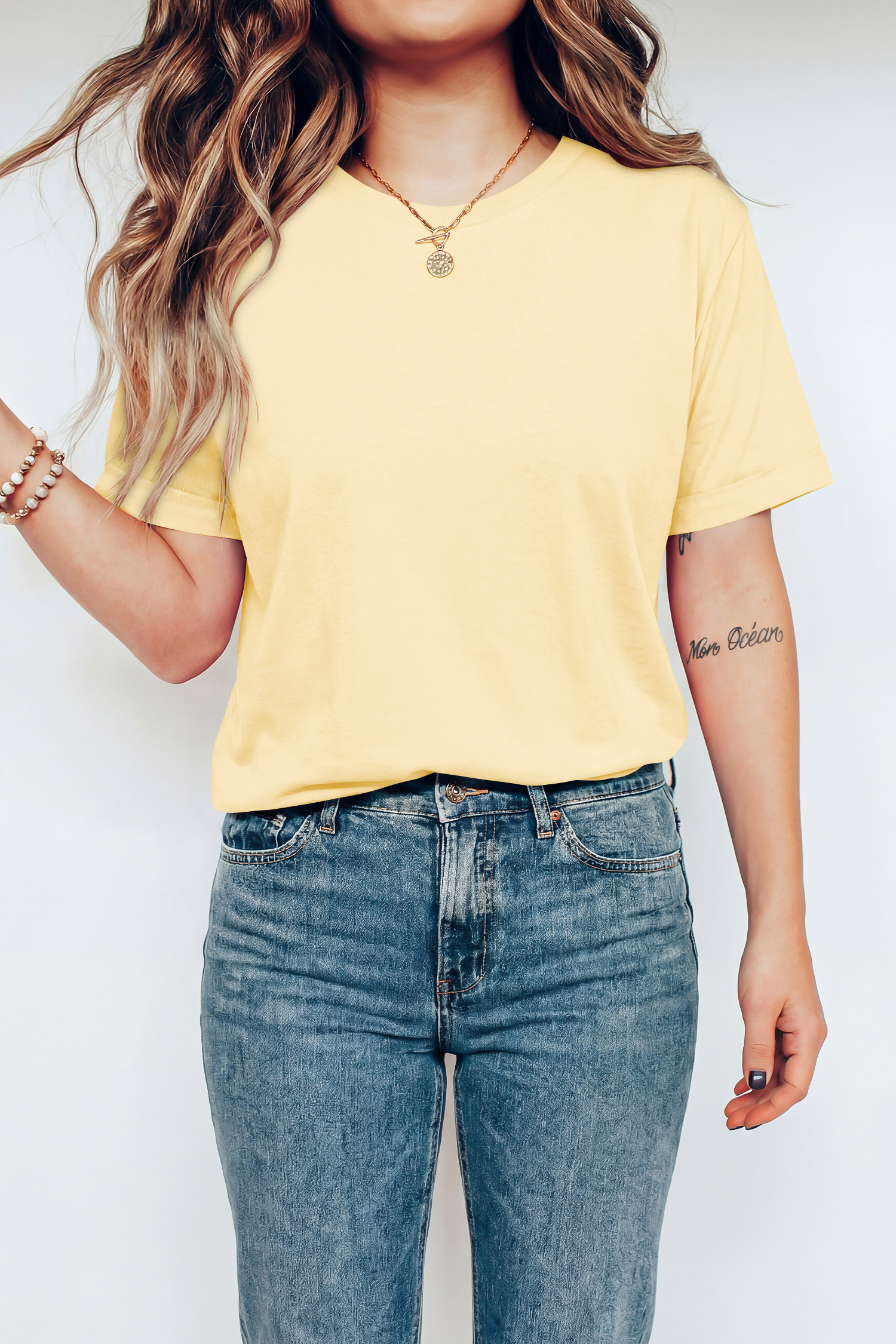 Yellow Cream Casual Plain Crew Neck Tee view 2