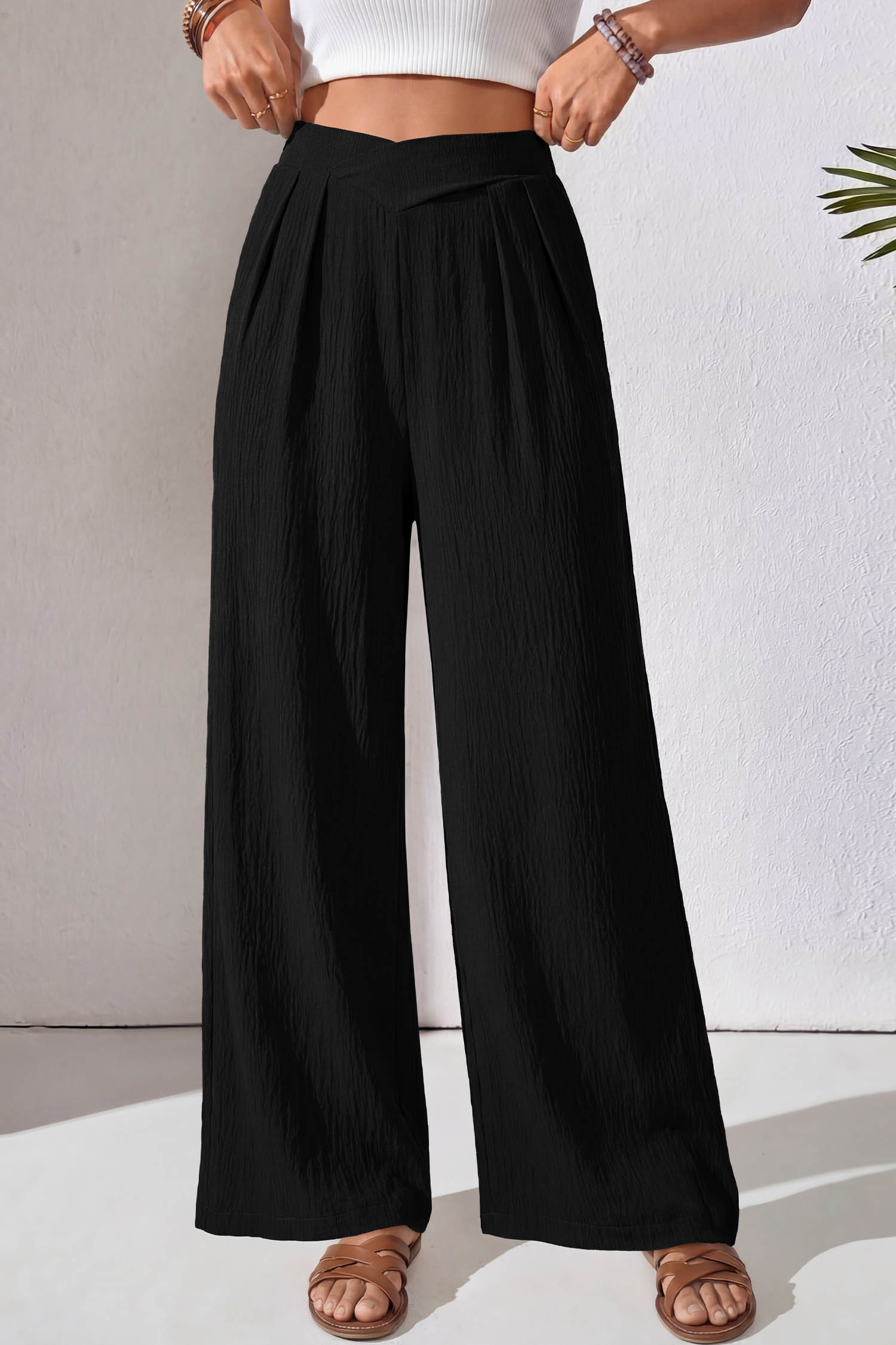 Color black Solid Color Textured Crossed Waist Loose Pants view 6