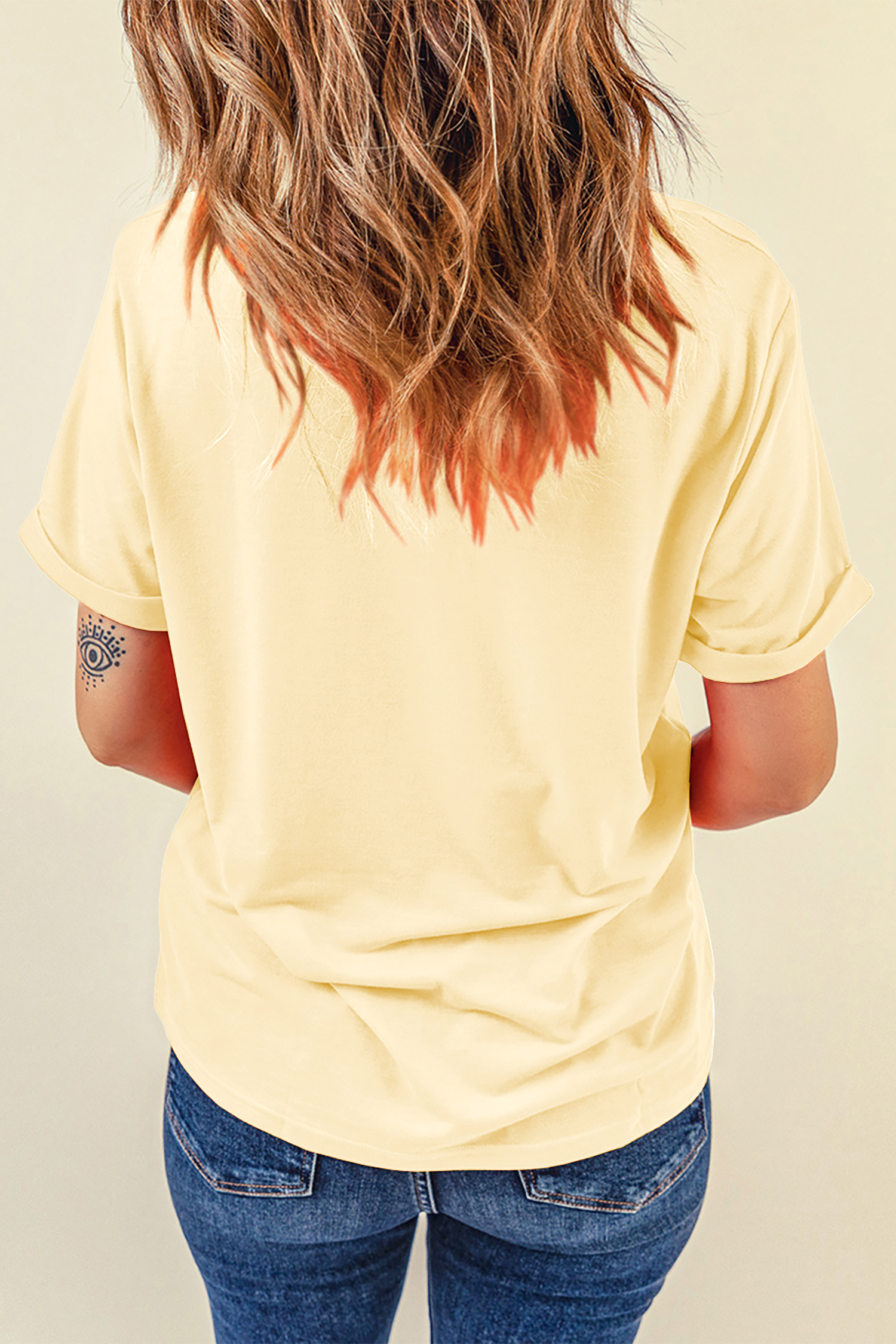 Yellow Cream Casual Plain Crew Neck Tee view 4