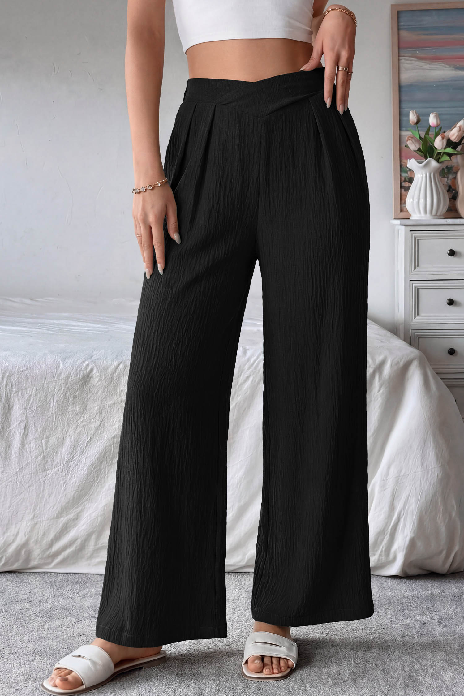 Color black Solid Color Textured Crossed Waist Loose Pants view 5