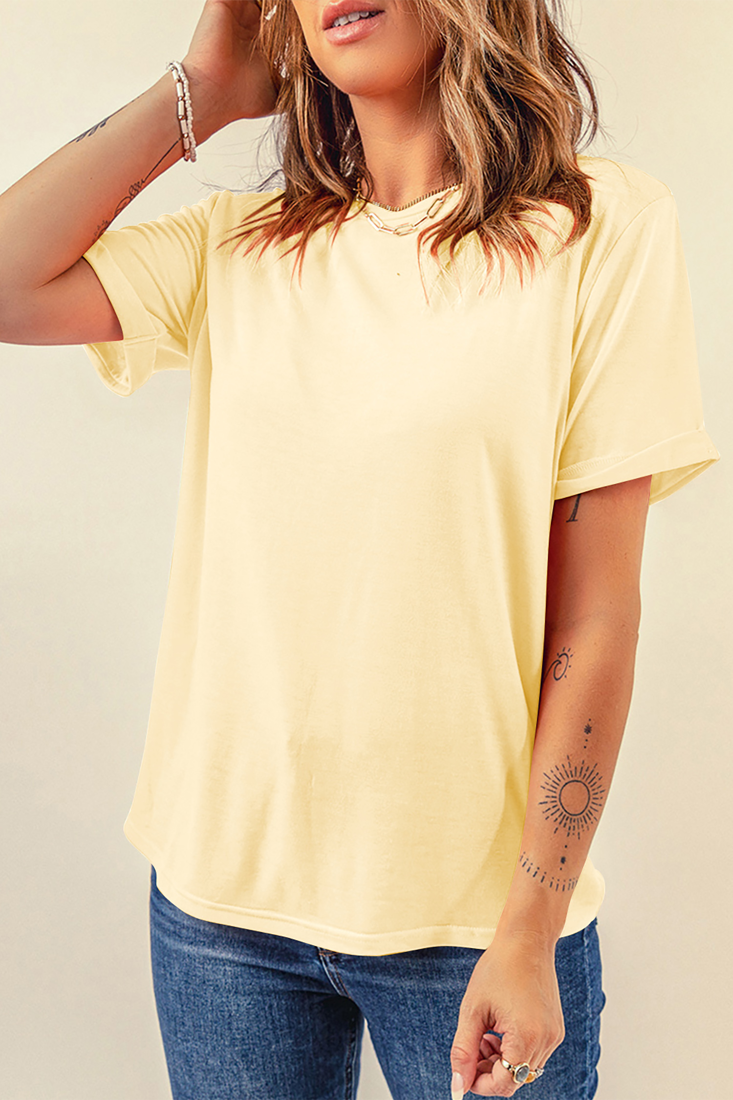 Yellow Cream Casual Plain Crew Neck Tee view 3