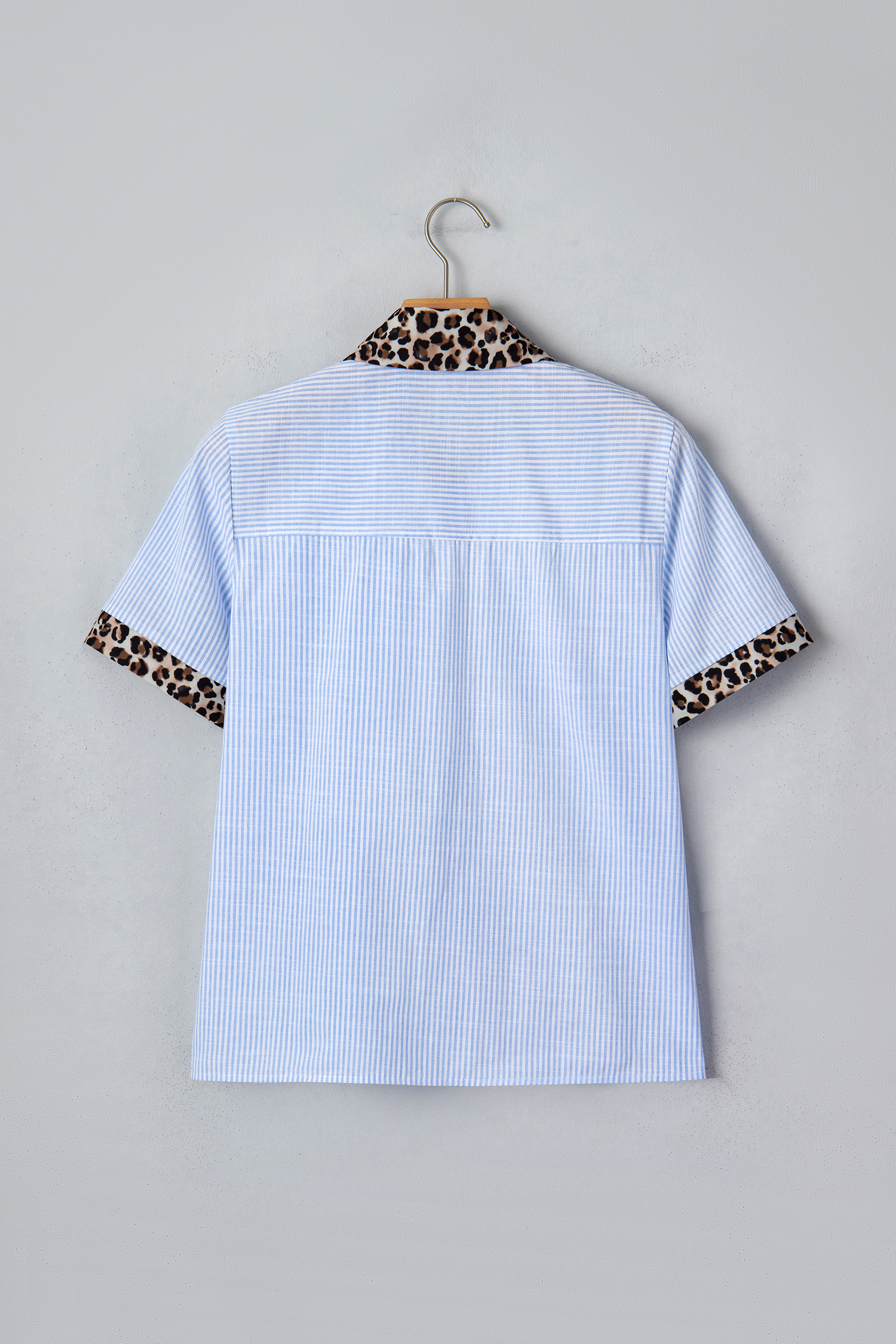 Sky Blue Stripe Leopard Contrast Collar Short Sleeve Shirt