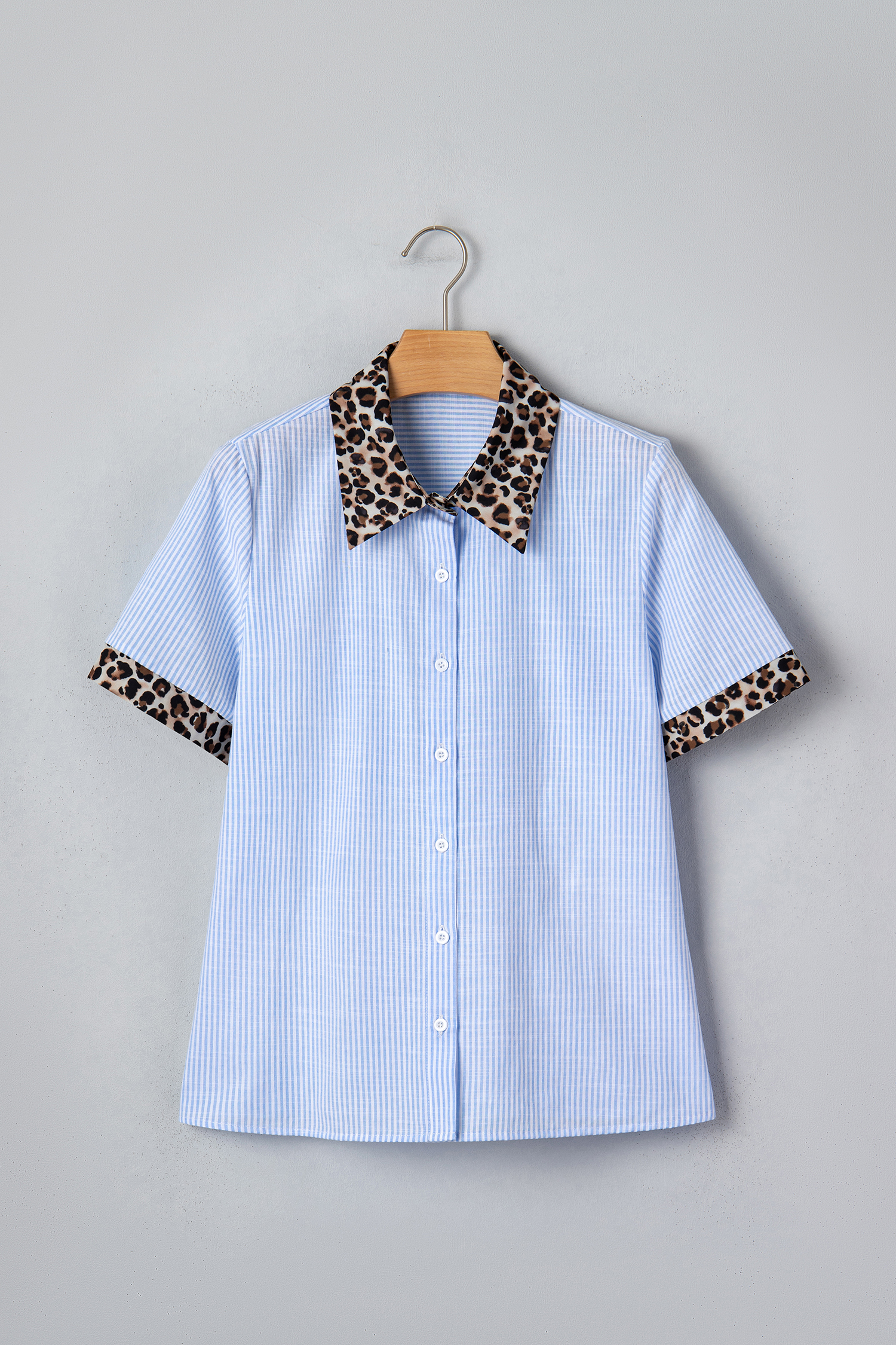 Sky Blue Stripe Leopard Contrast Collar Short Sleeve Shirt