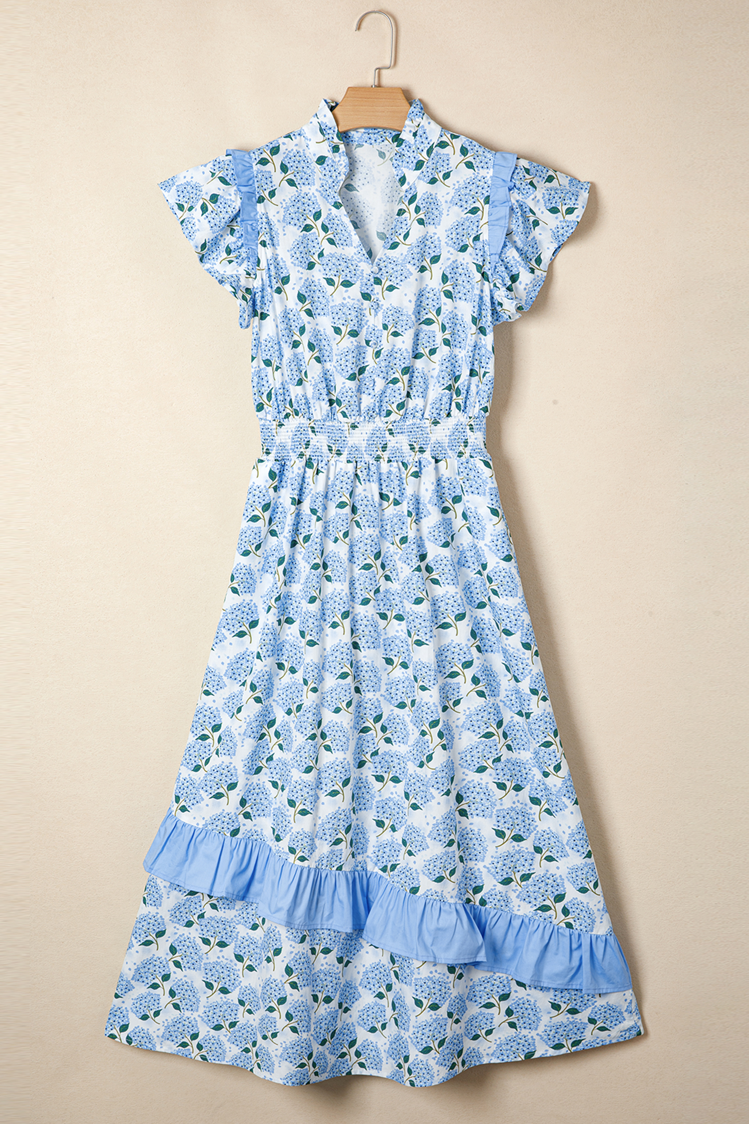 Sky Blue Hydrangea Floral Print Ruffle Trim Flutter Sleeve Long Dress view 14