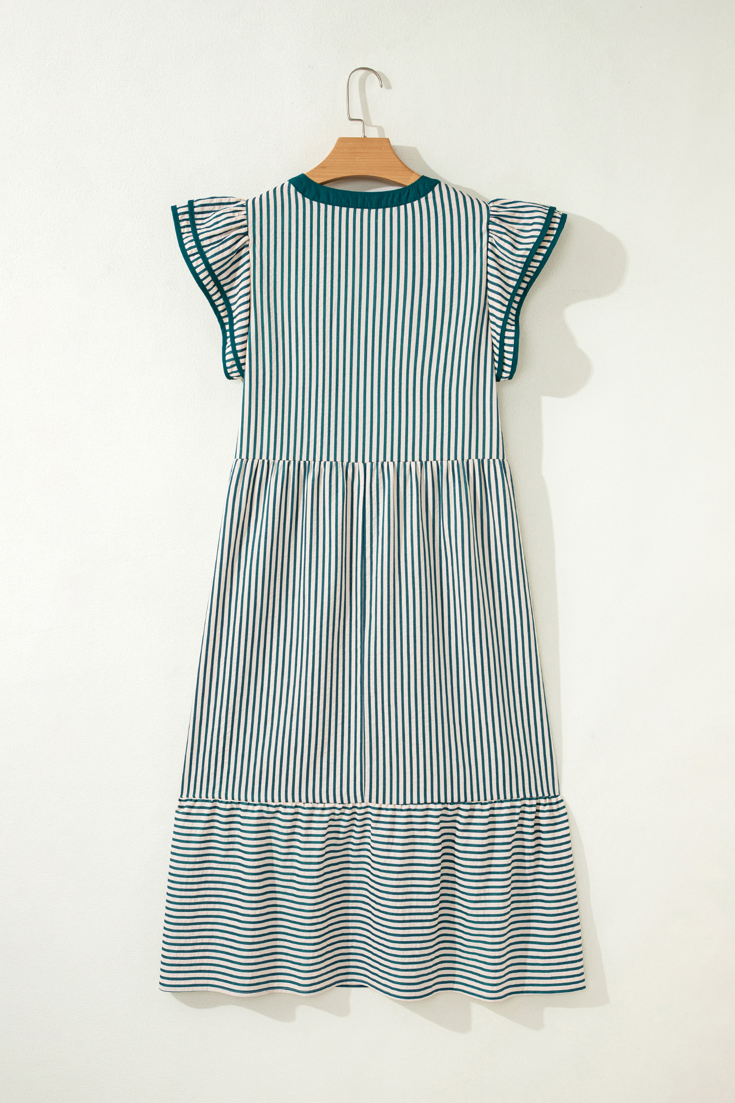 Green Stripe Double Ruffled Short Sleeve Contrast Trim V Neck Midi Dress view 13