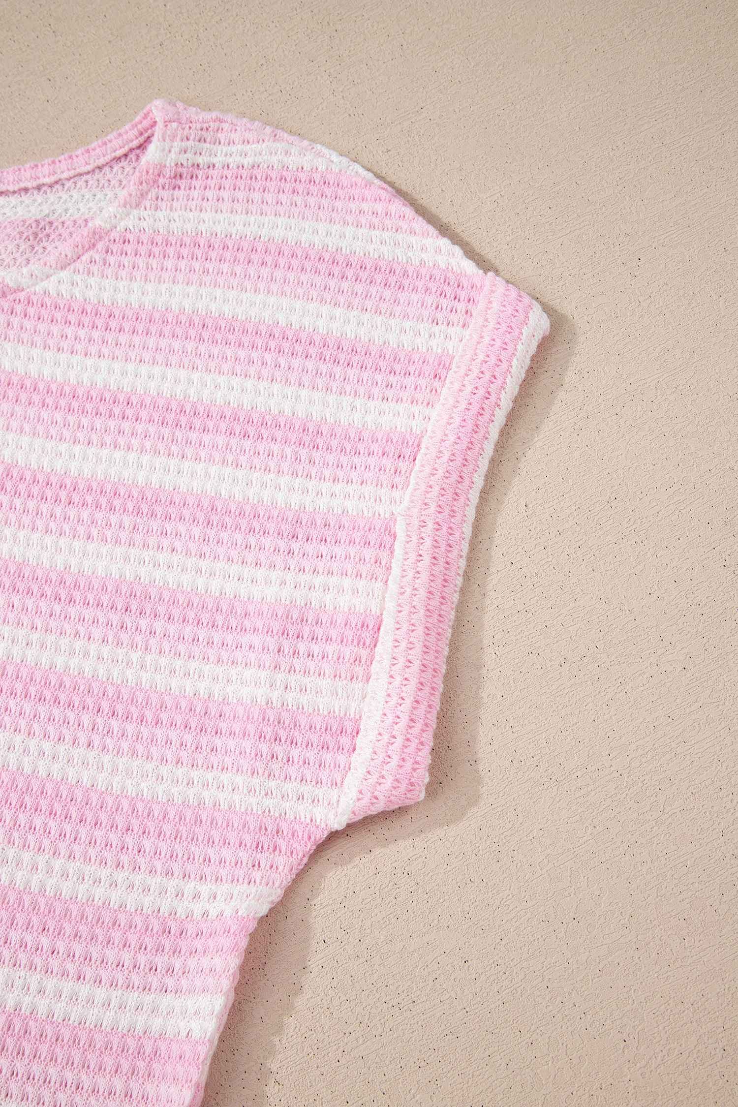 Pink Striped Print Waffle Knit T Shirt view 15