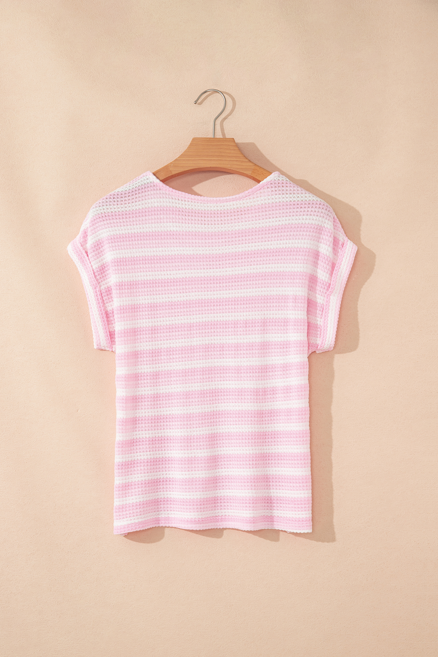 Pink Striped Print Waffle Knit T Shirt view 13