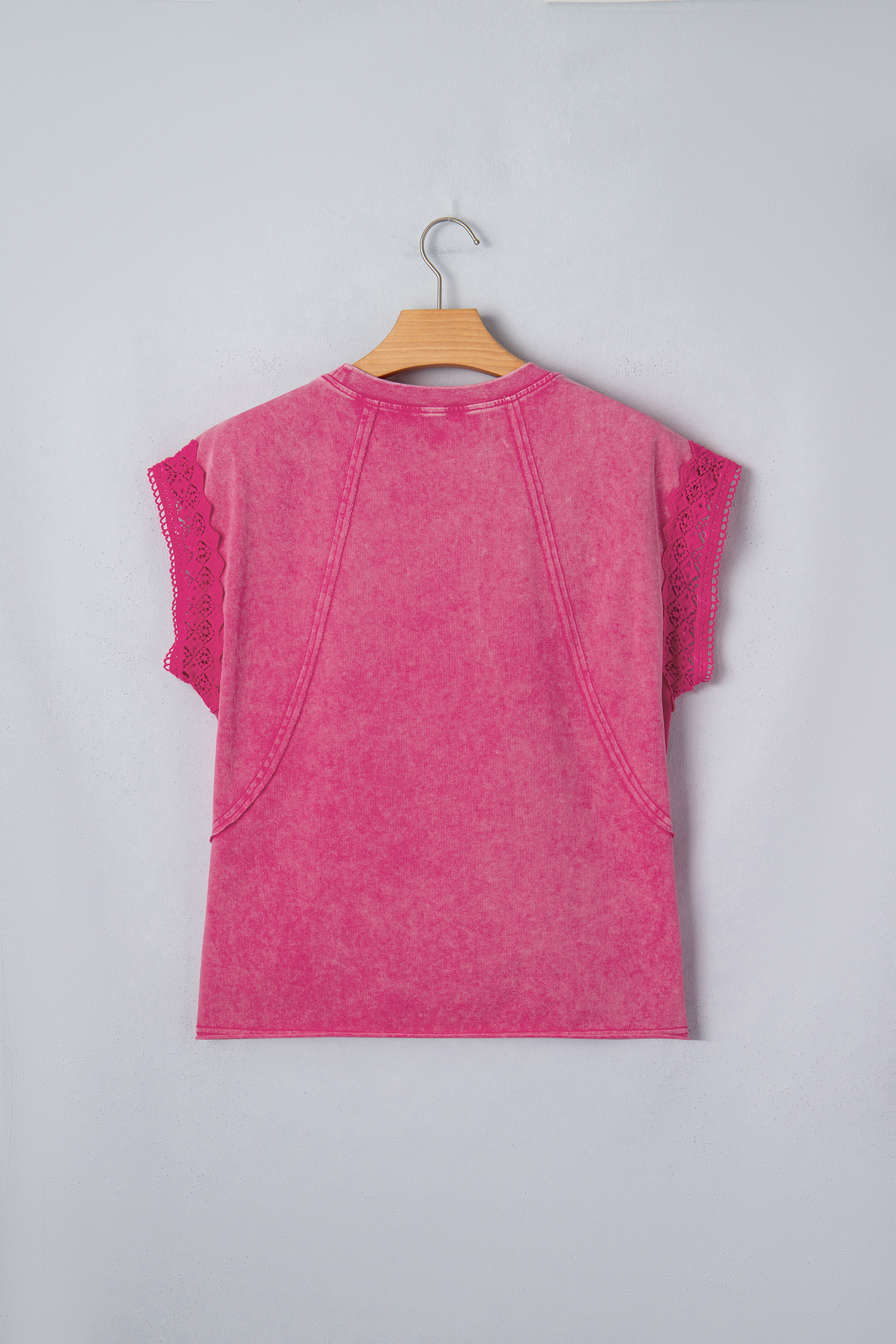 Pink Mineral Wash Raw Seam Detail Lace Trim Cap Sleeve Top