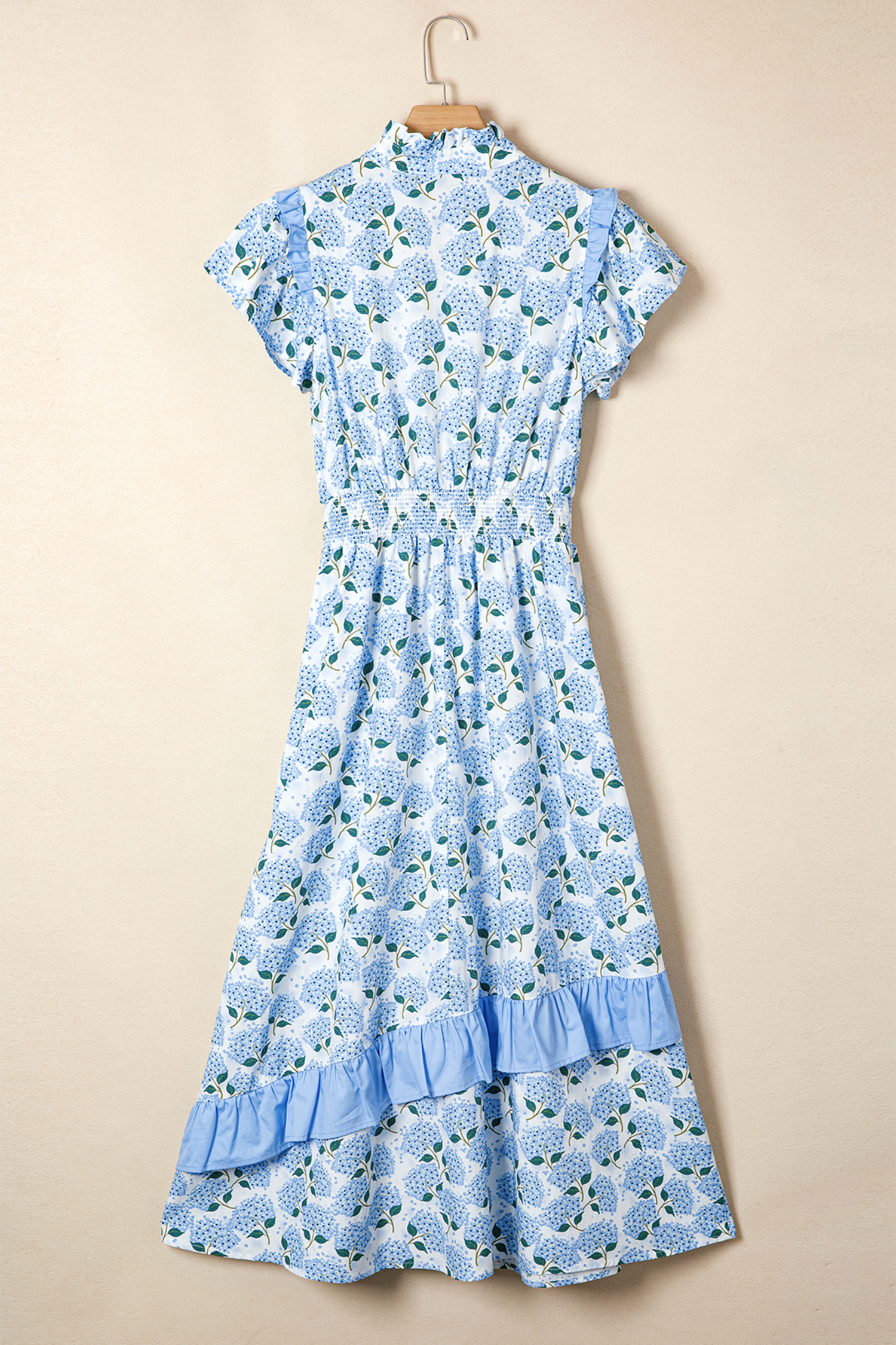Sky Blue Hydrangea Floral Print Ruffle Trim Flutter Sleeve Long Dress view 15