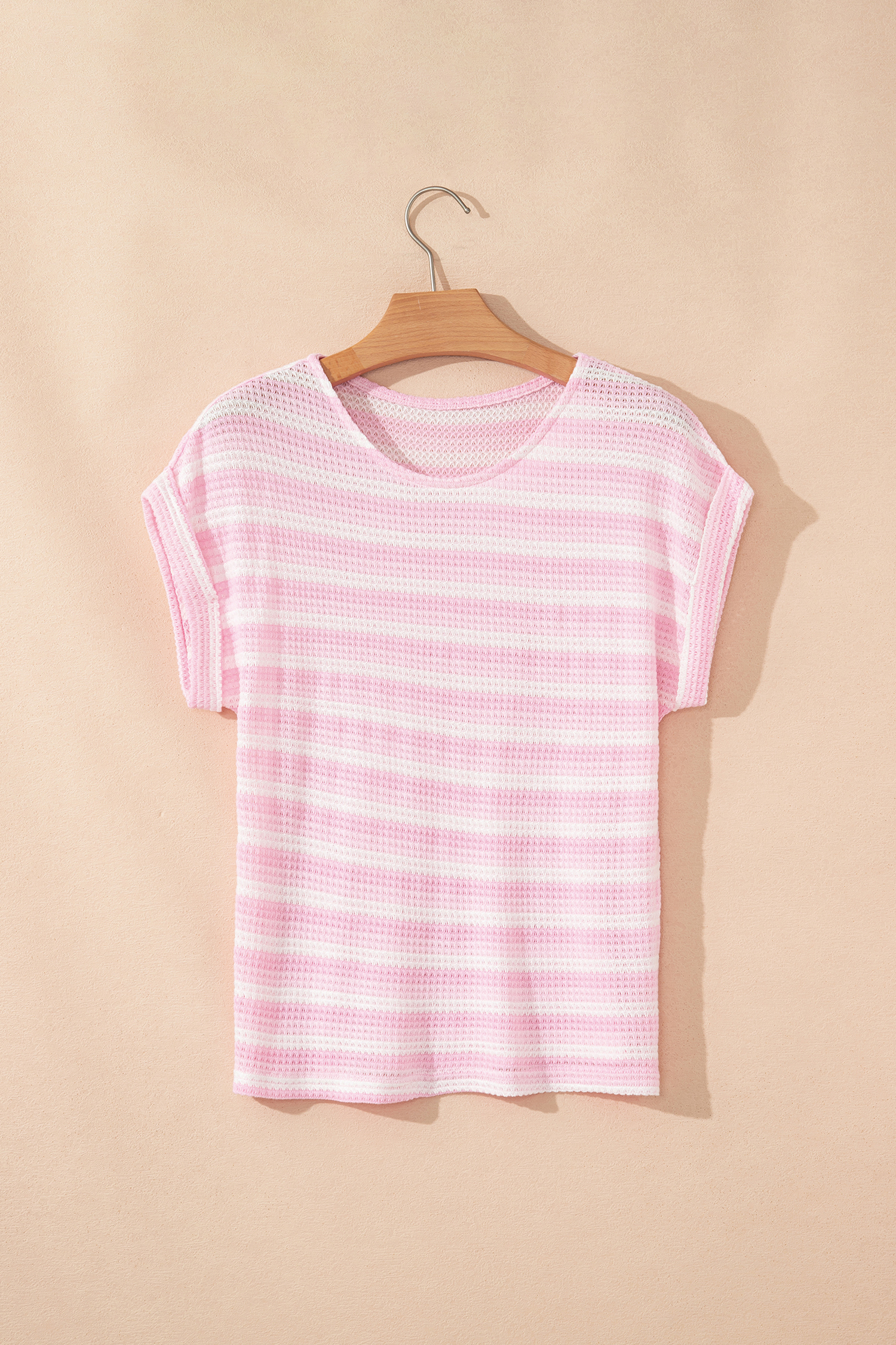 Pink Striped Print Waffle Knit T Shirt view 12