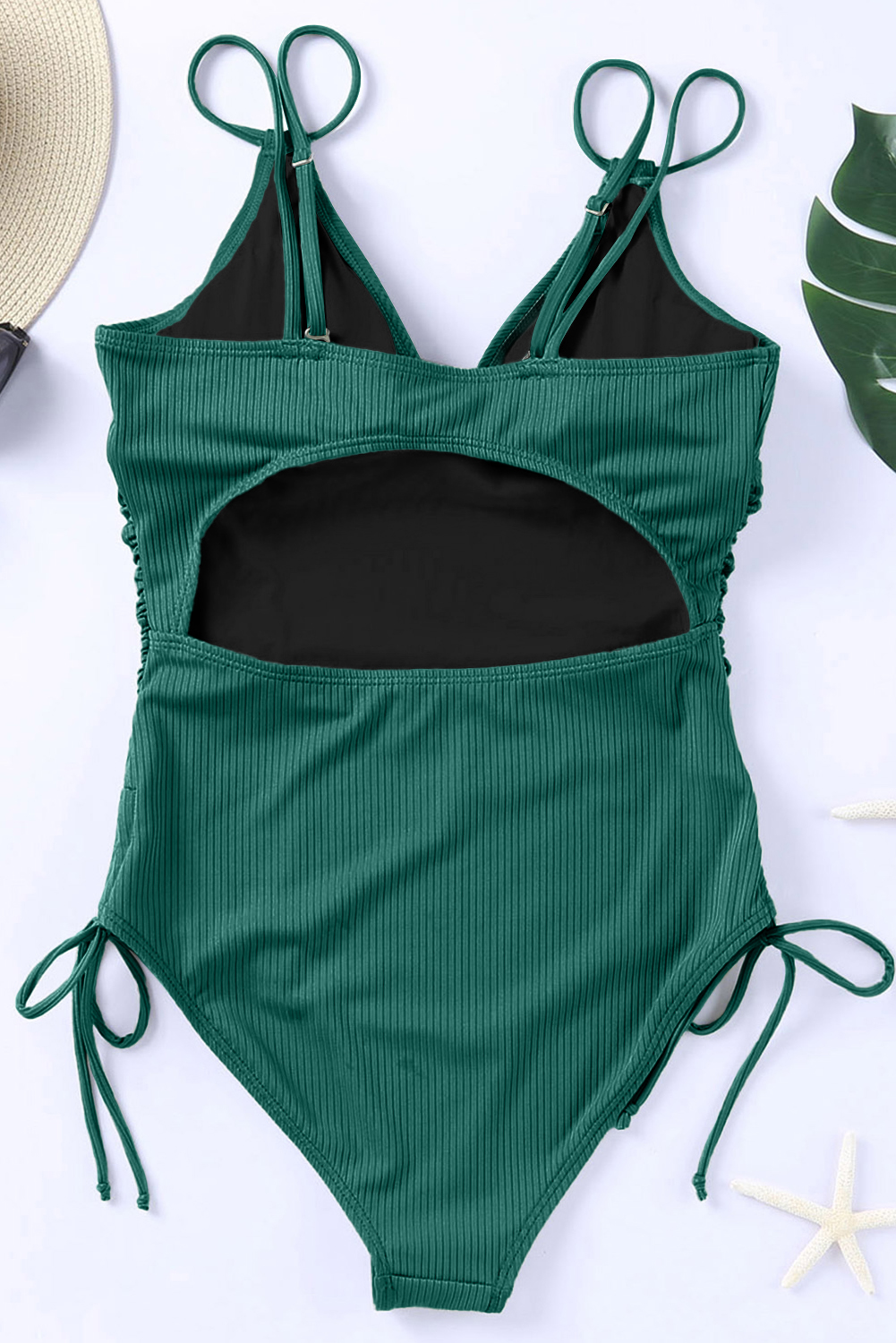 Green Adjustable Straps Ribbed Knit One Piece Swimsuit view 12