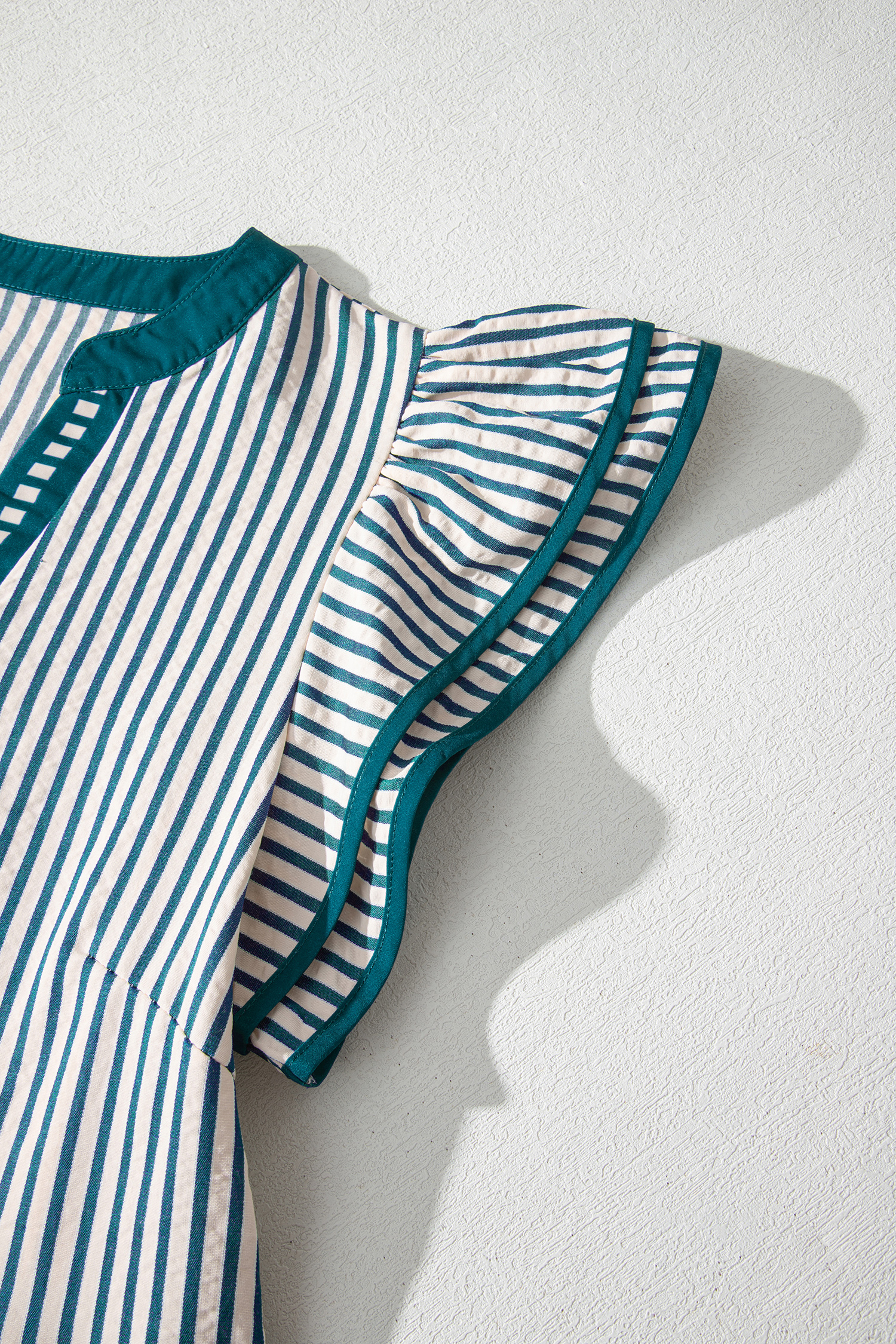 Green Stripe Double Ruffled Short Sleeve Contrast Trim V Neck Midi Dress view 16