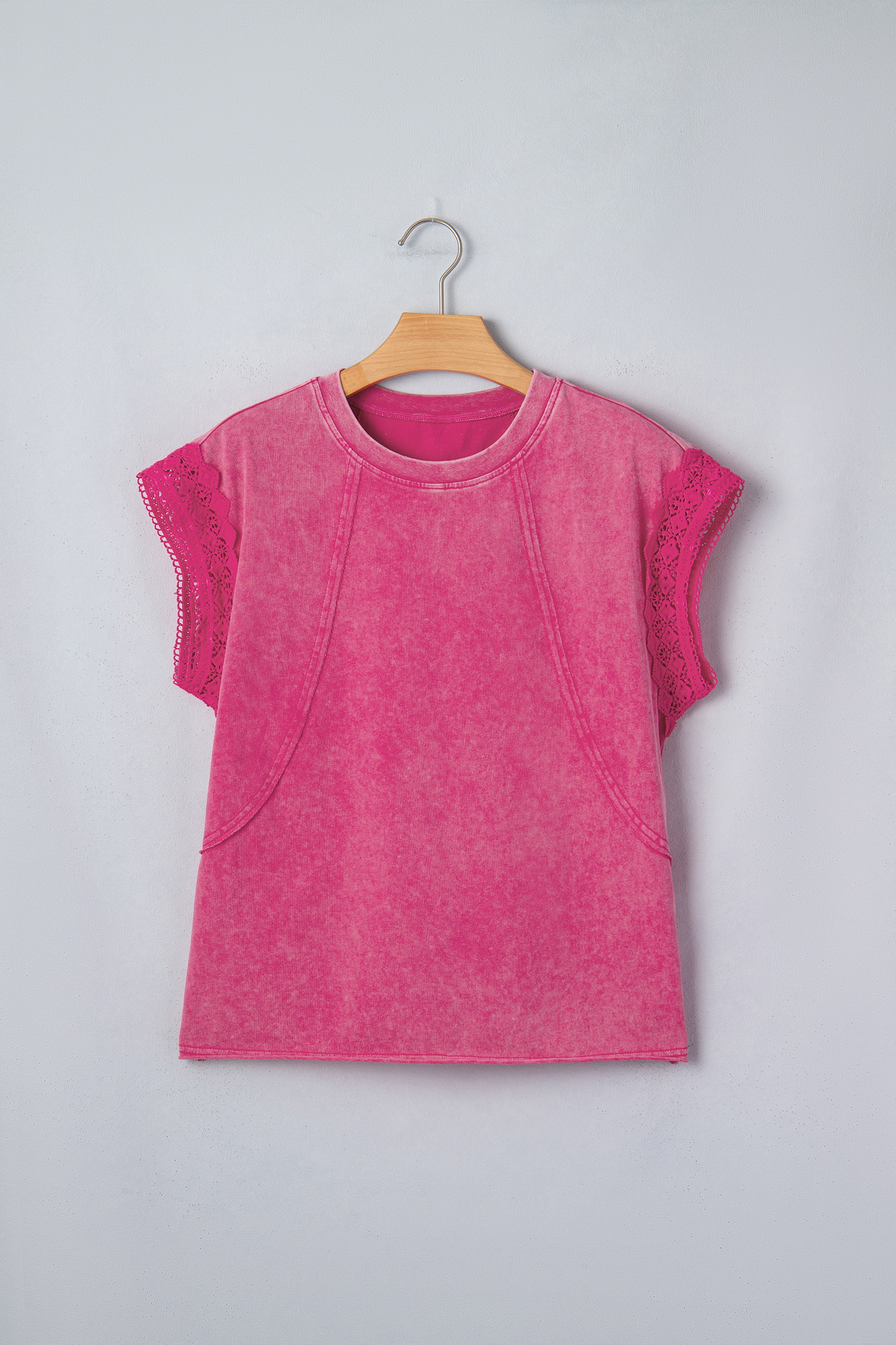 Pink Mineral Wash Raw Seam Detail Lace Trim Cap Sleeve Top
