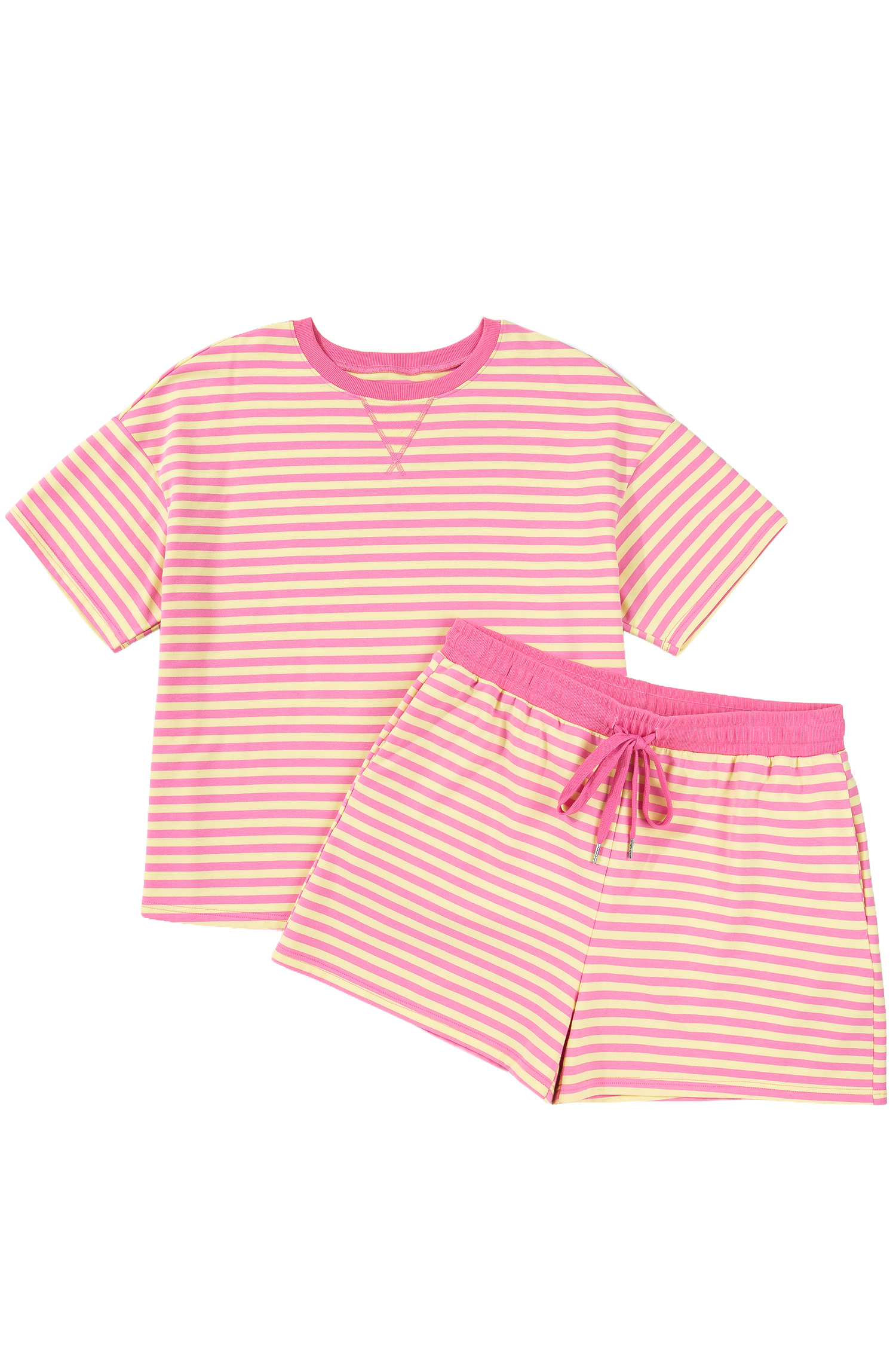 Rose Stripe Boxy Tee Drawstring Elastic Waist Plus Size Short Set
