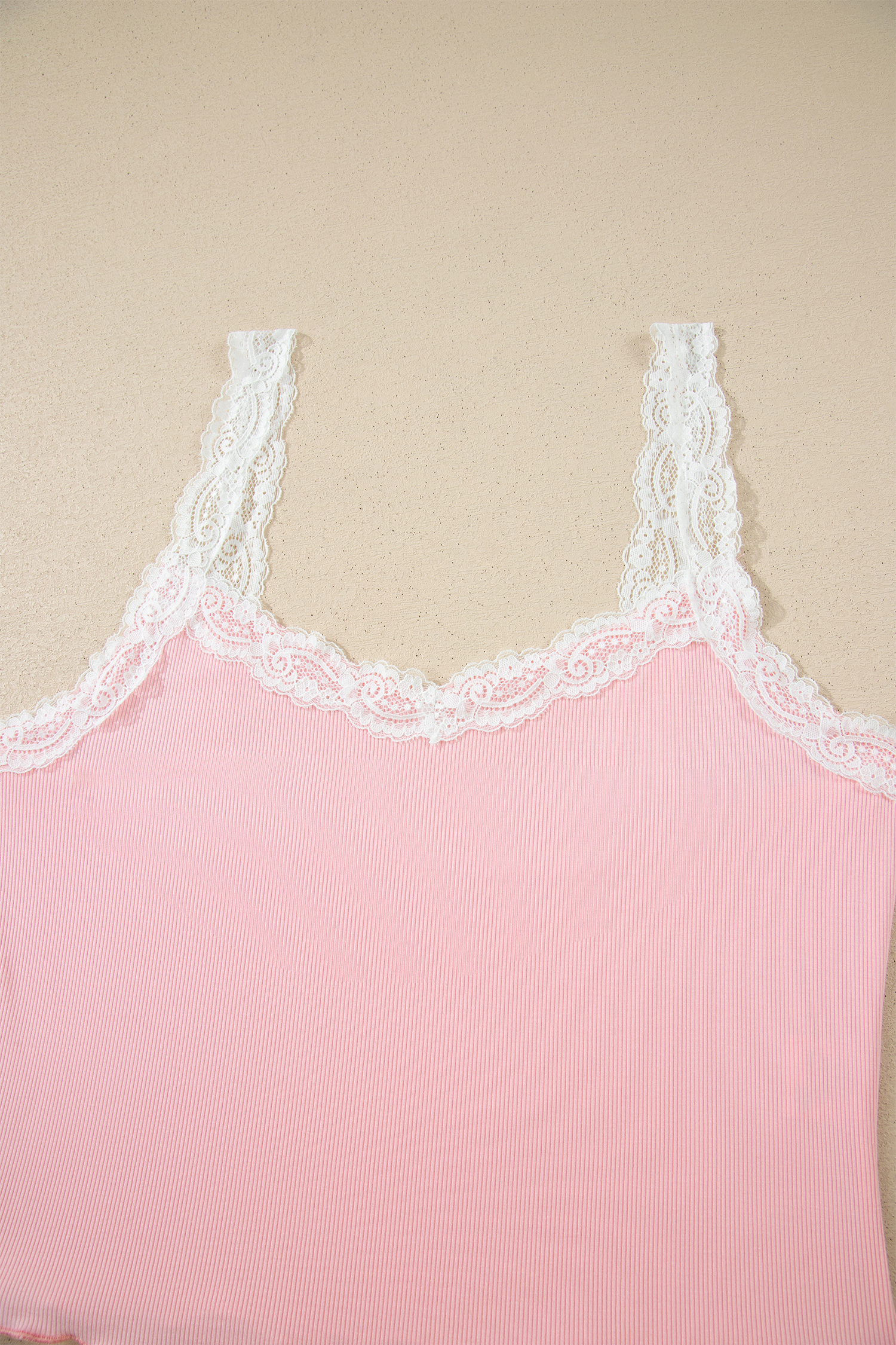 Pink Ribbed Knit Lace Straps Patchwork Lettuce Hem Cropped Top Floral Short Lounge Set