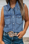Dusk Blue Buttoned Front Collared Sleeveless Denim Vest