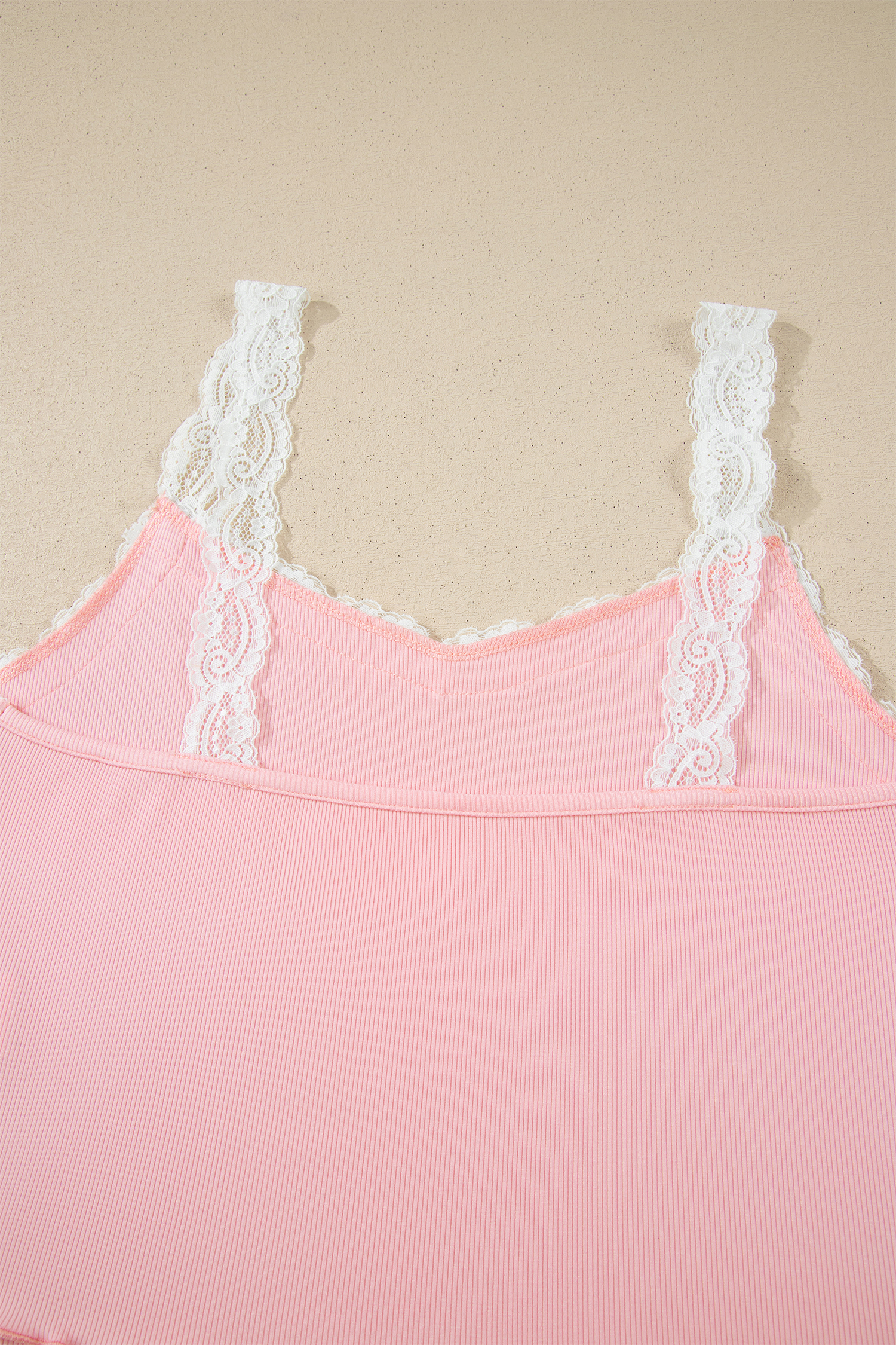 Pink Ribbed Knit Lace Straps Patchwork Lettuce Hem Cropped Top Floral Short Lounge Set