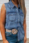 Dusk Blue Buttoned Front Collared Sleeveless Denim Vest