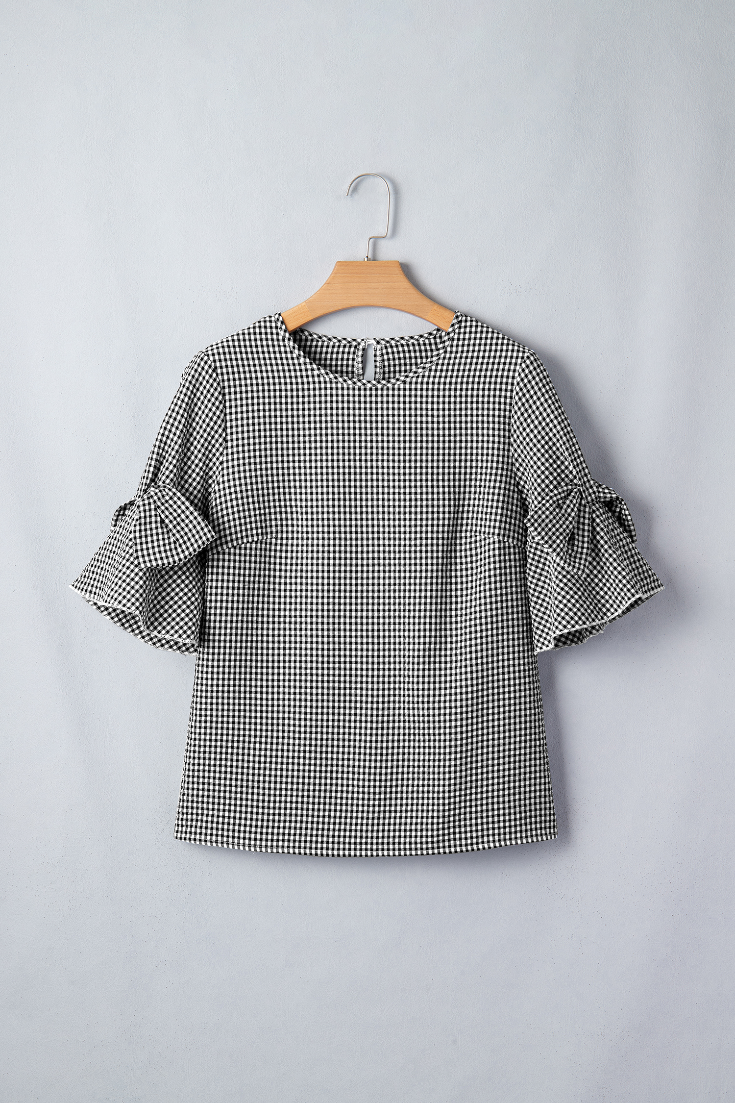 Black Plaid Bow Ruffled Half Sleeve Round Neck Blouse view 17