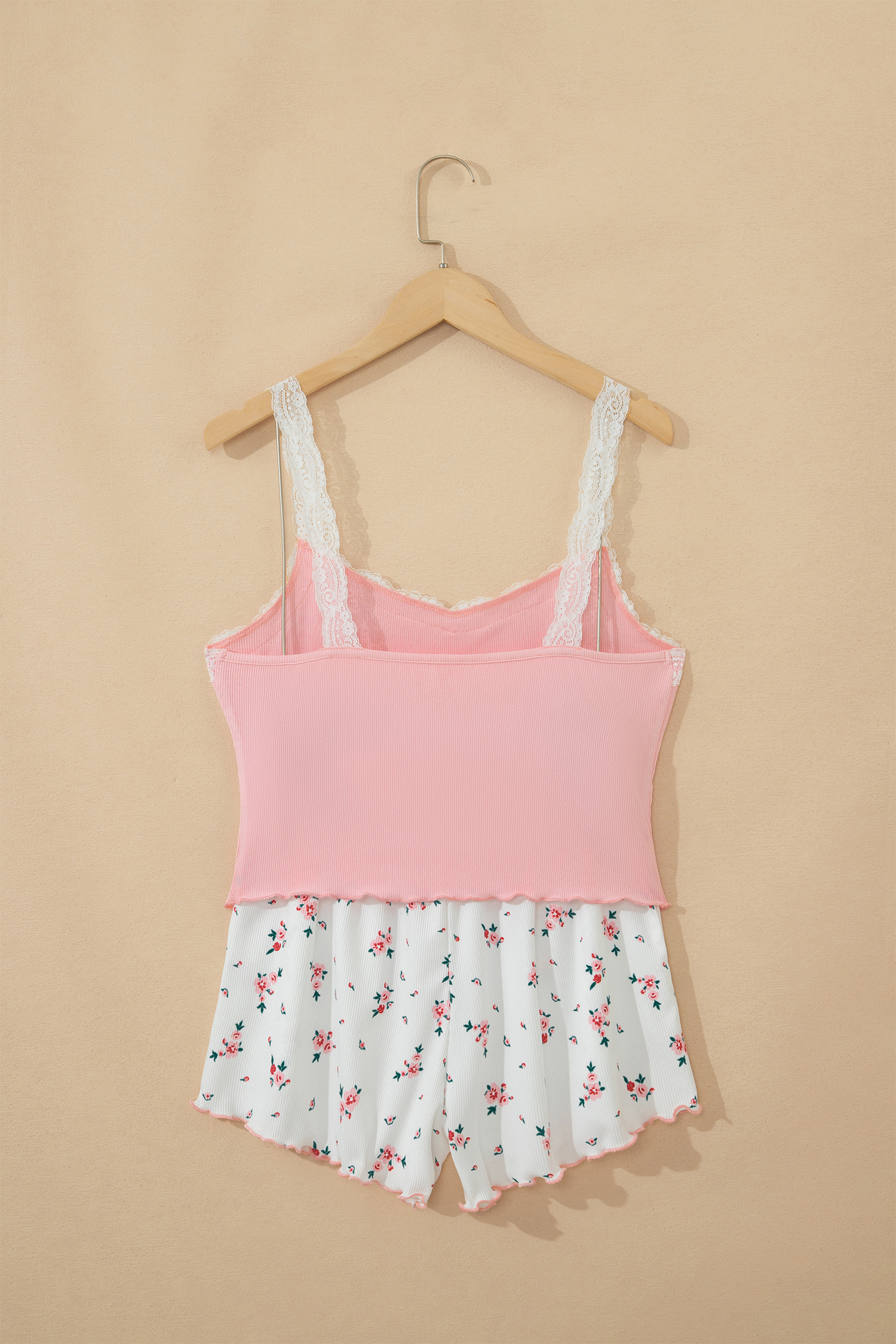 Pink Ribbed Knit Lace Straps Patchwork Lettuce Hem Cropped Top Floral Short Lounge Set