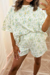 Sky Blue Floral Print Short Sleeve Elastic Waist Pocket Casual Two Piece Short Sets