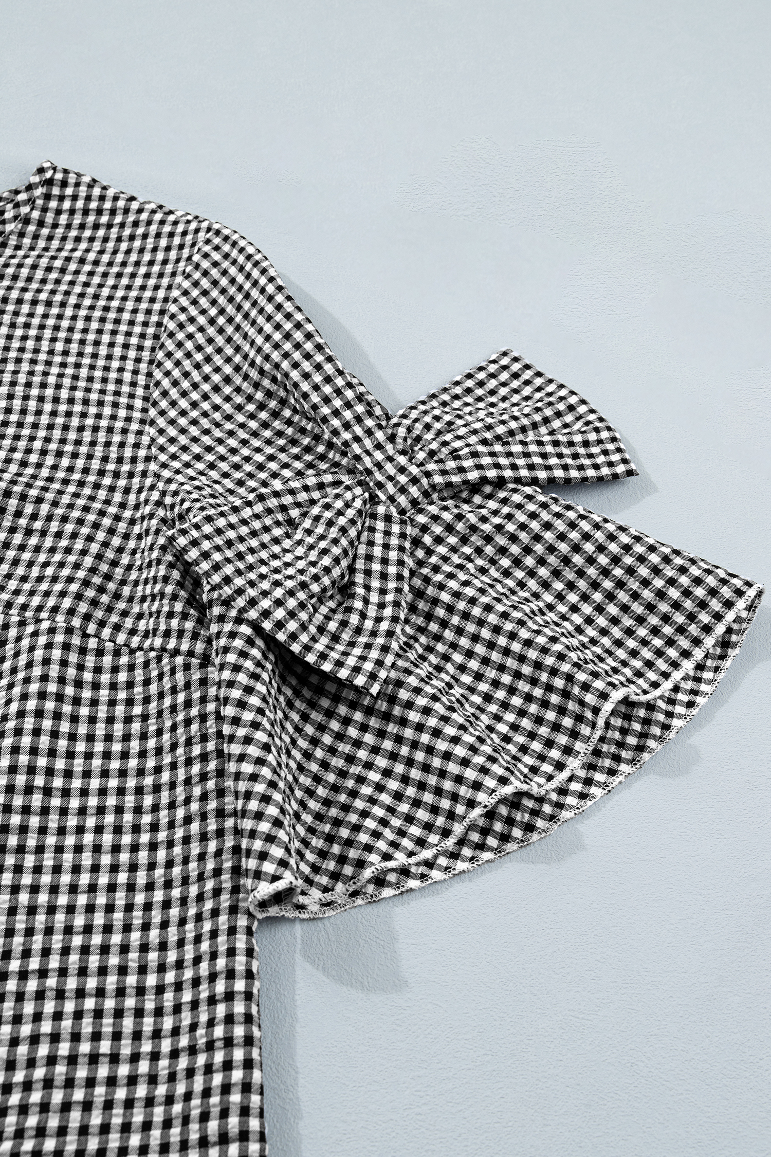 Black Plaid Bow Ruffled Half Sleeve Round Neck Blouse view 21