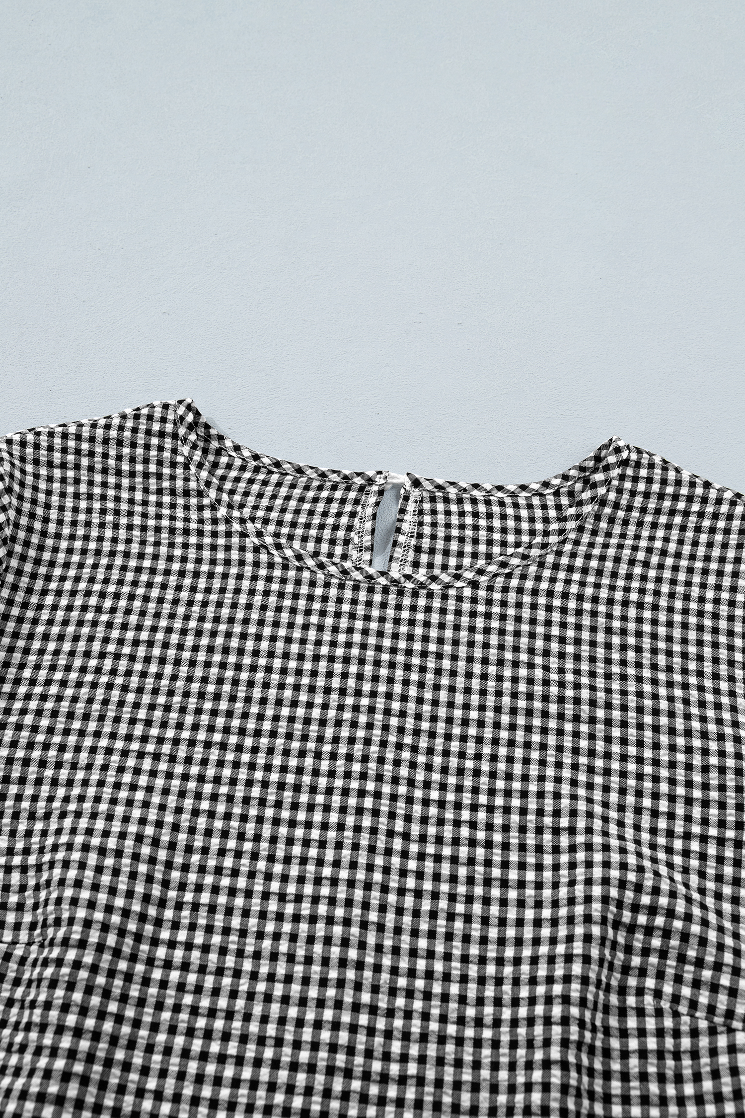 Black Plaid Bow Ruffled Half Sleeve Round Neck Blouse view 22