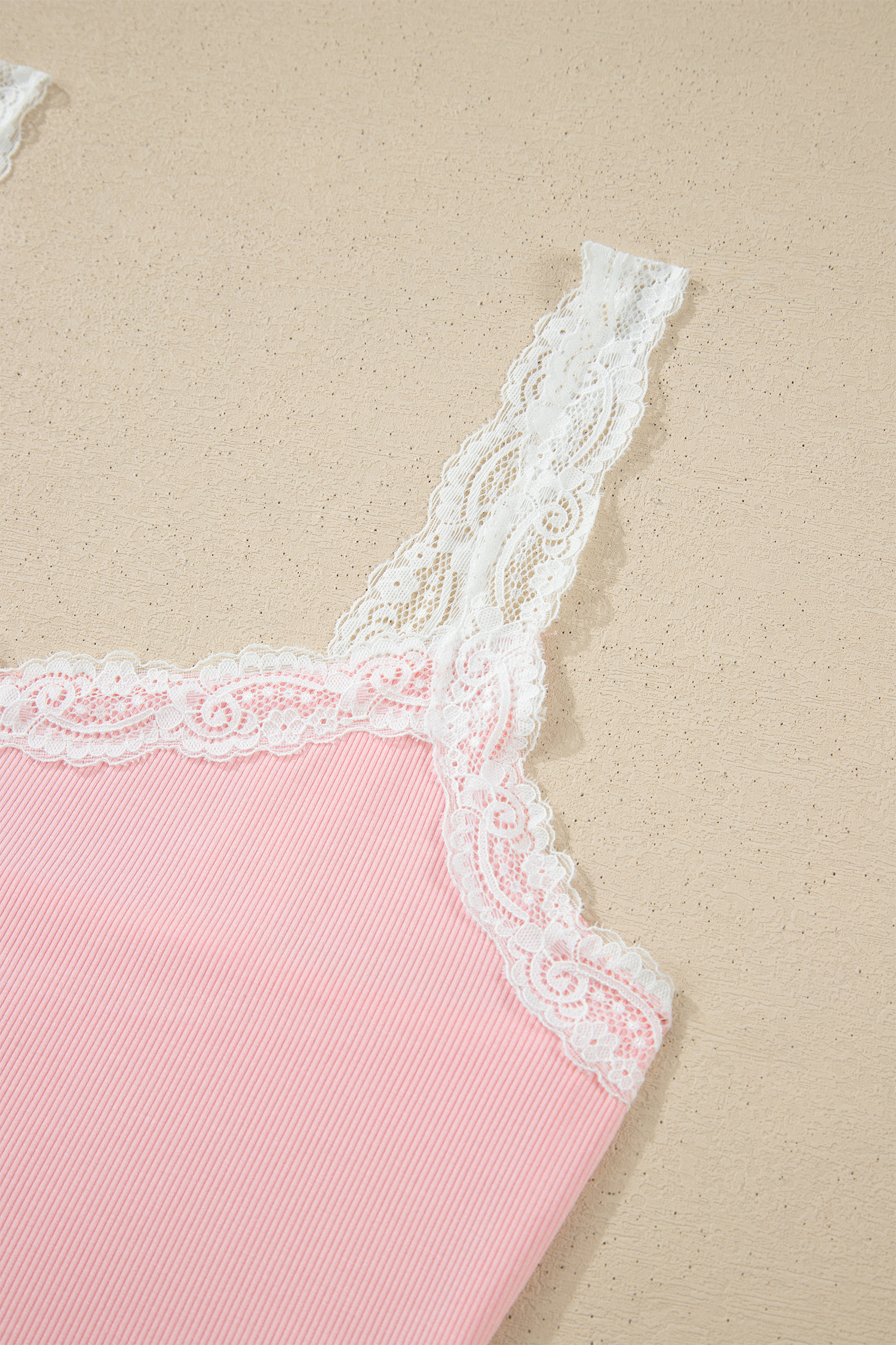 Pink Ribbed Knit Lace Straps Patchwork Lettuce Hem Cropped Top Floral Short Lounge Set