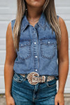 Dusk Blue Buttoned Front Collared Sleeveless Denim Vest