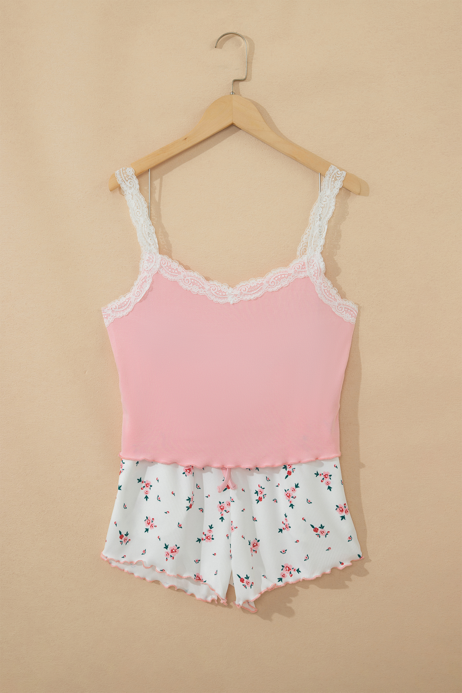 Pink Ribbed Knit Lace Straps Patchwork Lettuce Hem Cropped Top Floral Short Lounge Set