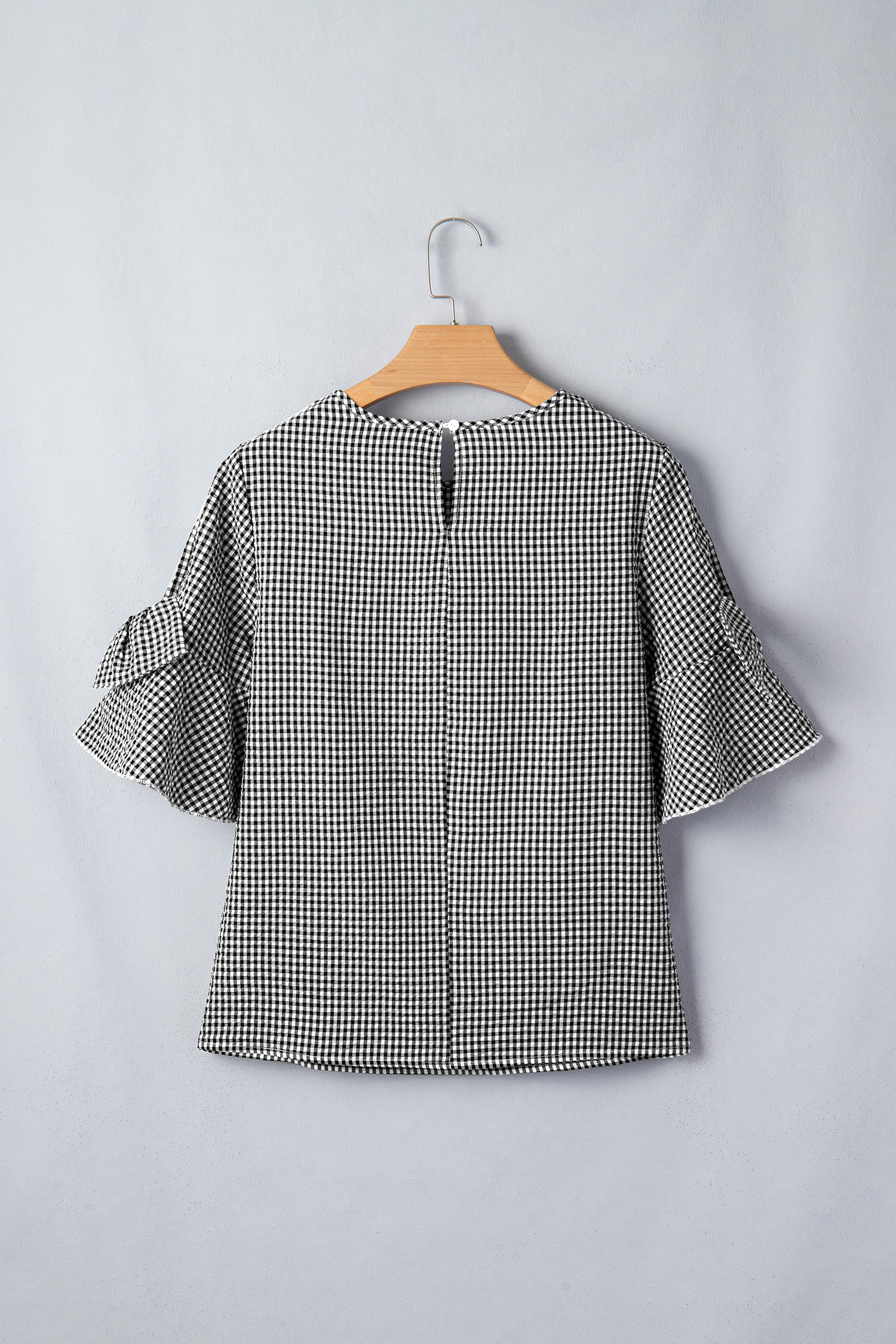 Black Plaid Bow Ruffled Half Sleeve Round Neck Blouse view 18
