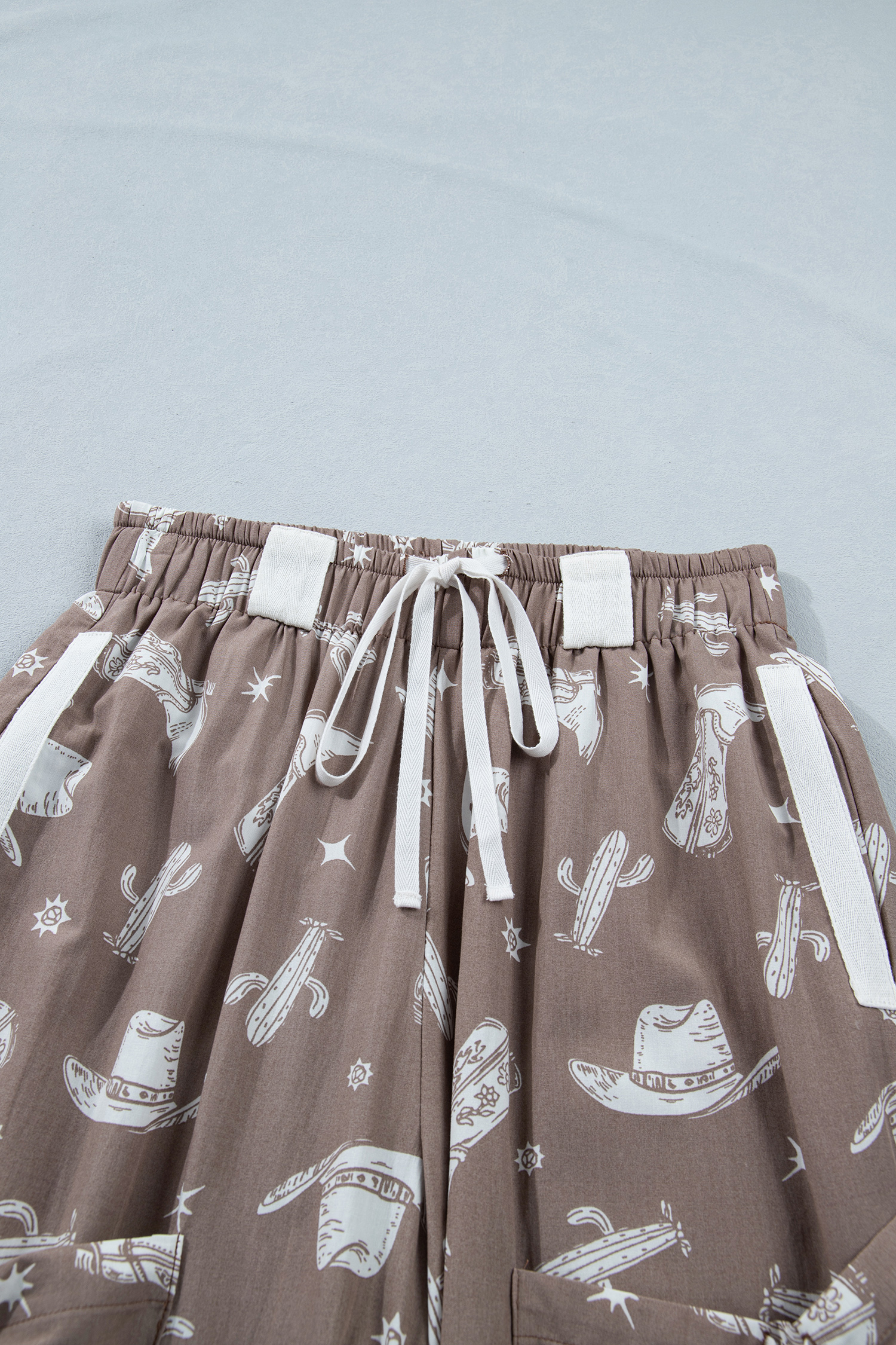 Khaki Western Cactus Cowgirl Hat Boot Printed Vintage Drawstring Jogger Pants view 12