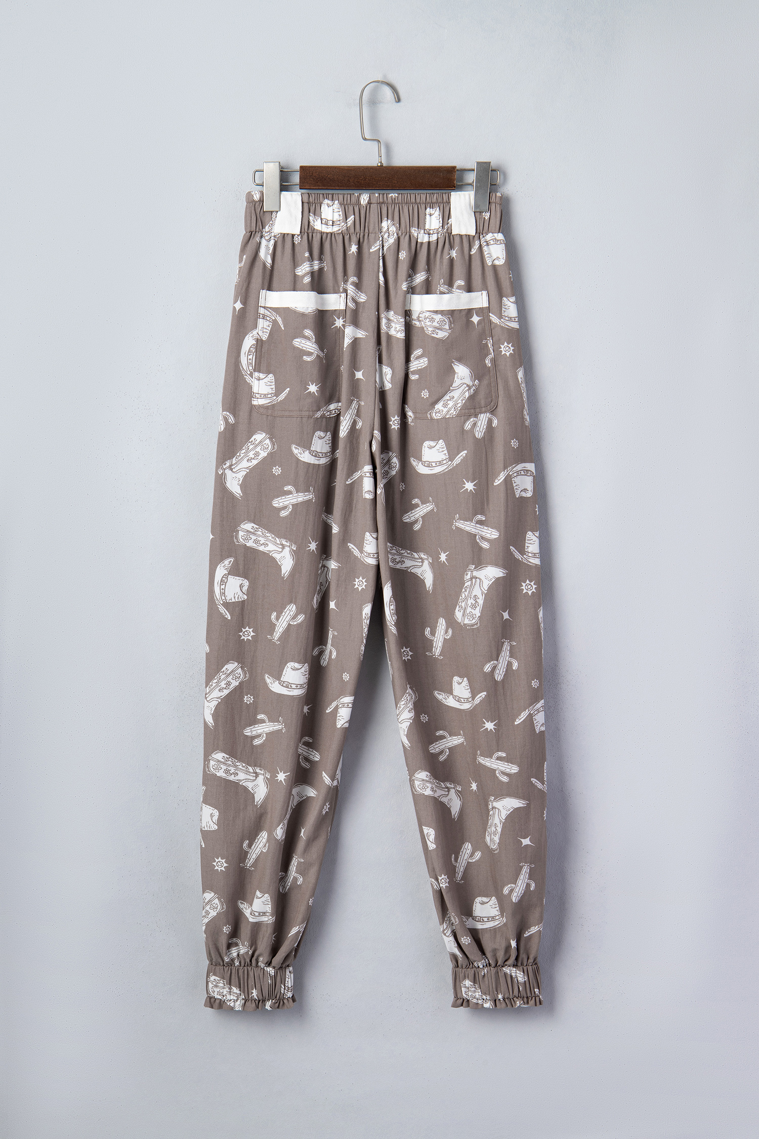 Khaki Western Cactus Cowgirl Hat Boot Printed Vintage Drawstring Jogger Pants view 10