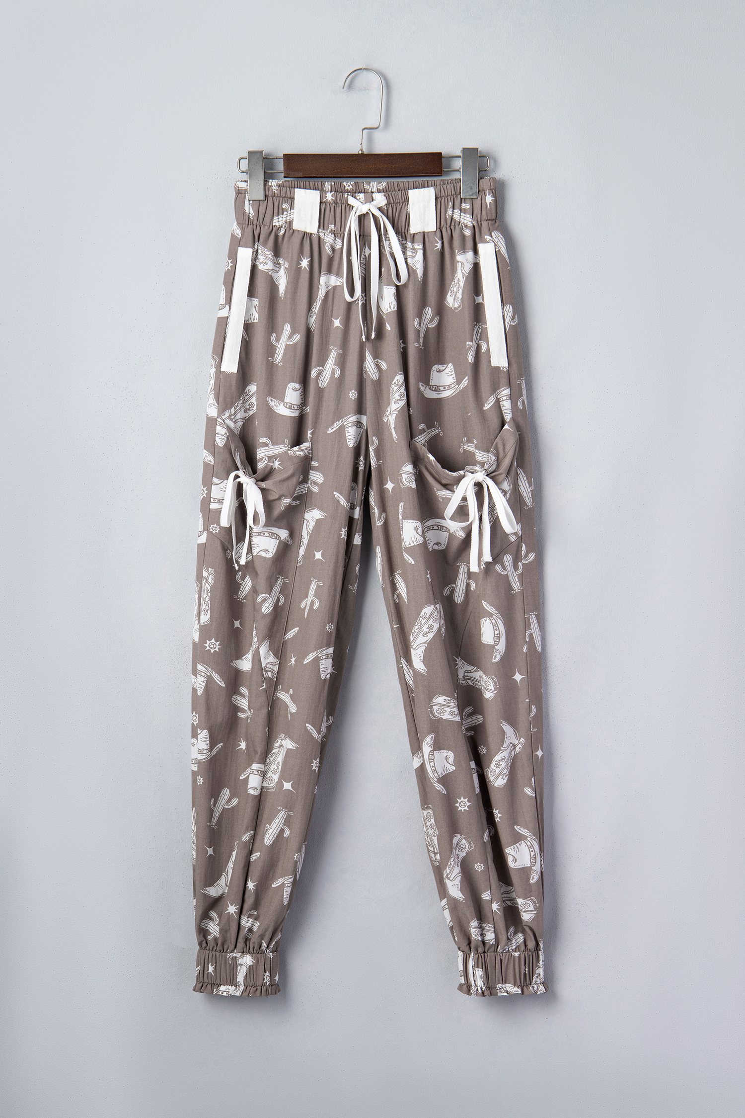 Khaki Western Cactus Cowgirl Hat Boot Printed Vintage Drawstring Jogger Pants view 9