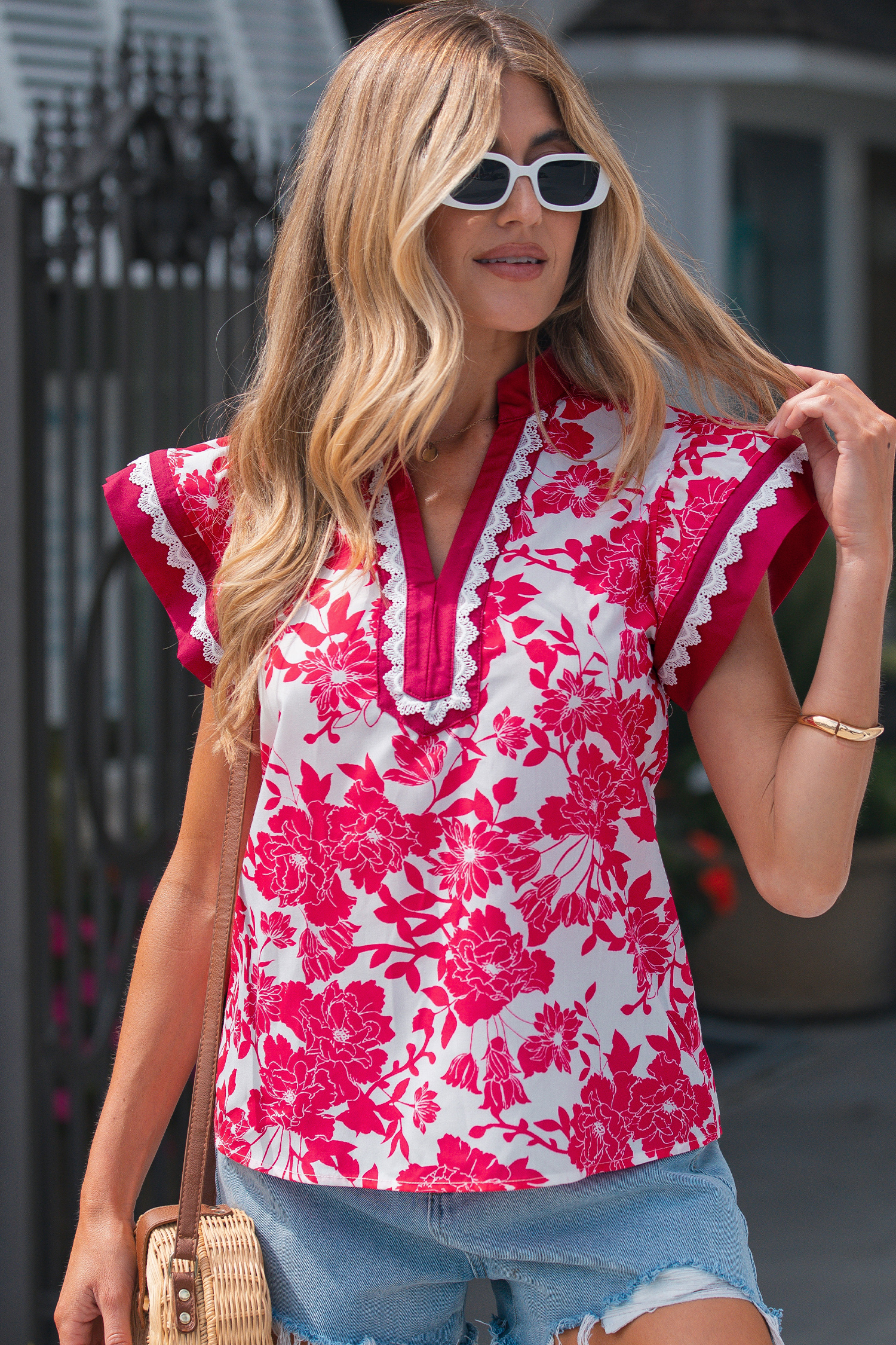 Red Floral Print Color Block Trim Lace Detail V Neck Flutter Sleeve Blouse view 3