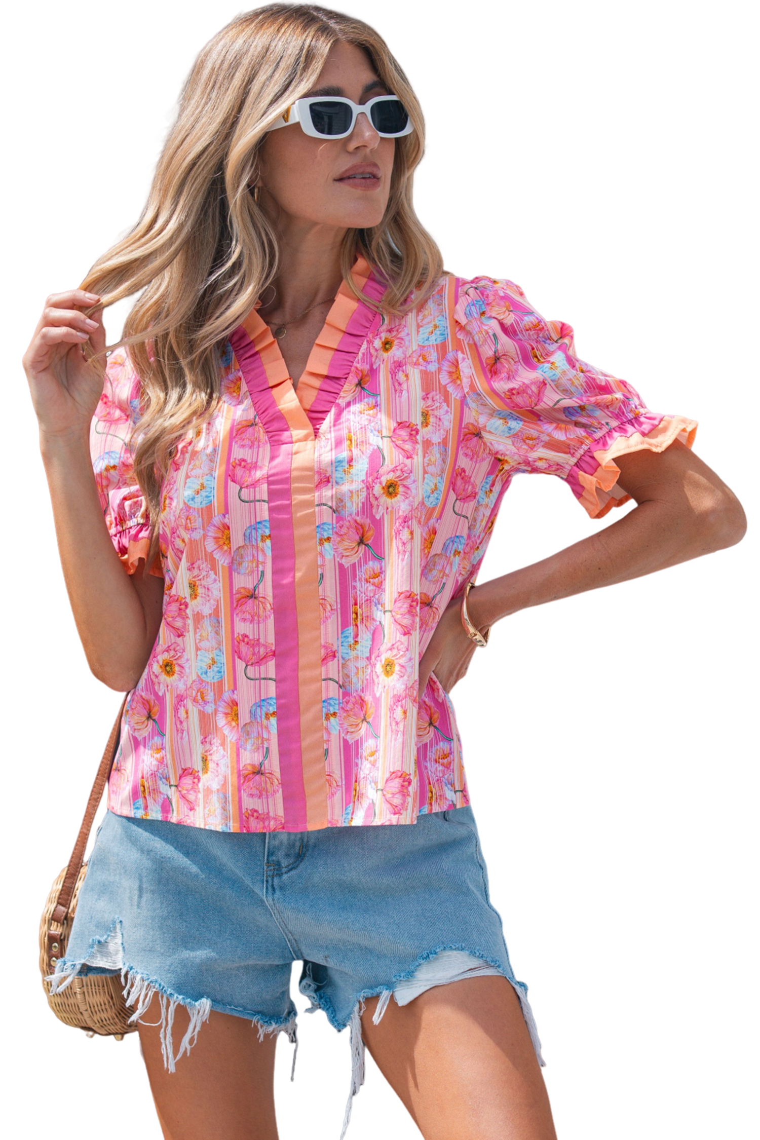 Pink Poppy Flower Striped Print Color Block Trim V Neck Short Sleeve Blouse view 23