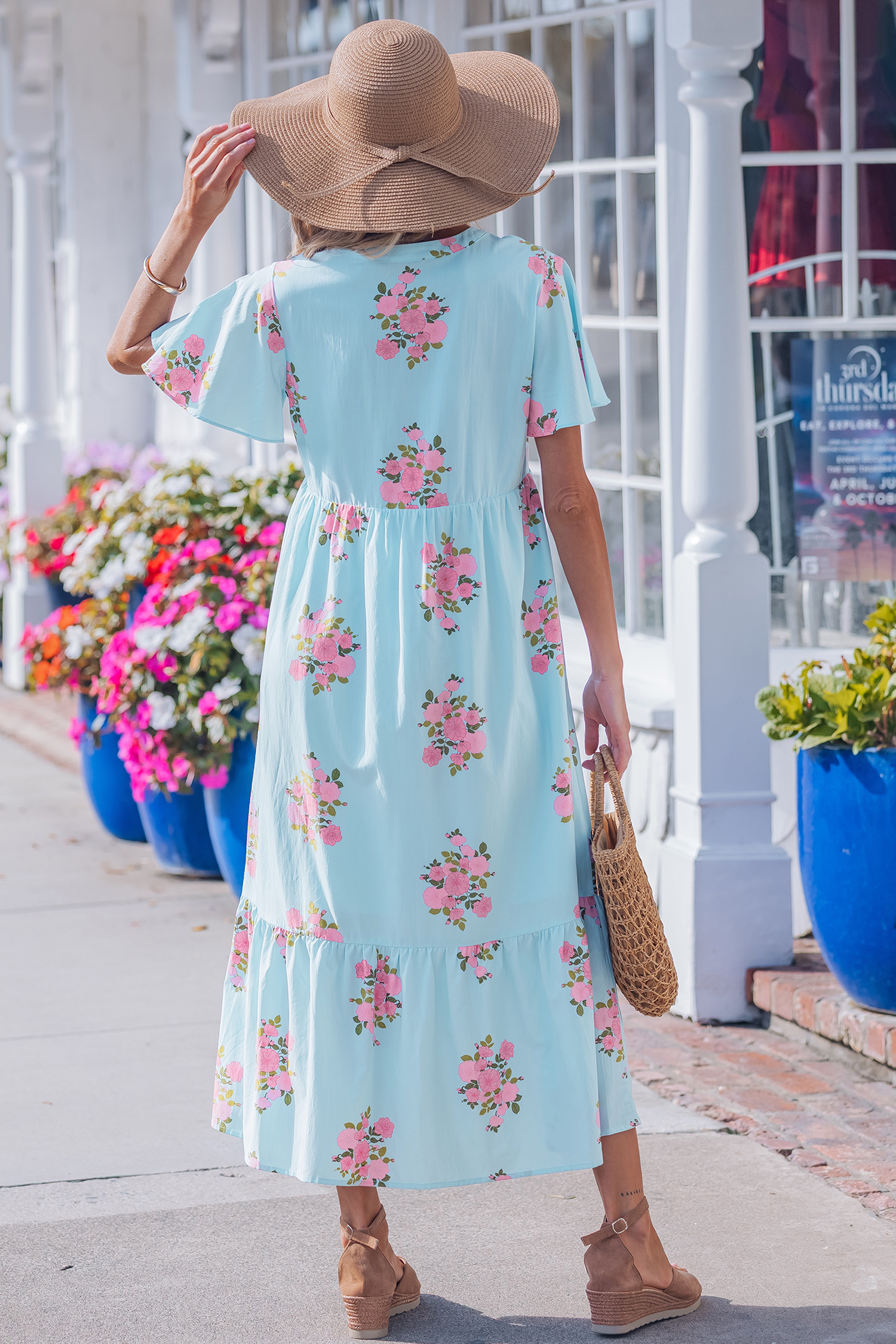 Sky Blue Notched Neck Flutter Short Sleeve Floral Print Maxi Dress view 2