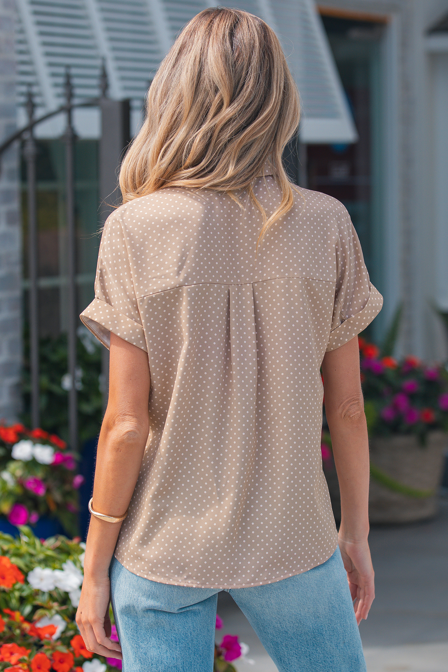 Khaki Dotted Print Cuffed Short Sleeve Shirt