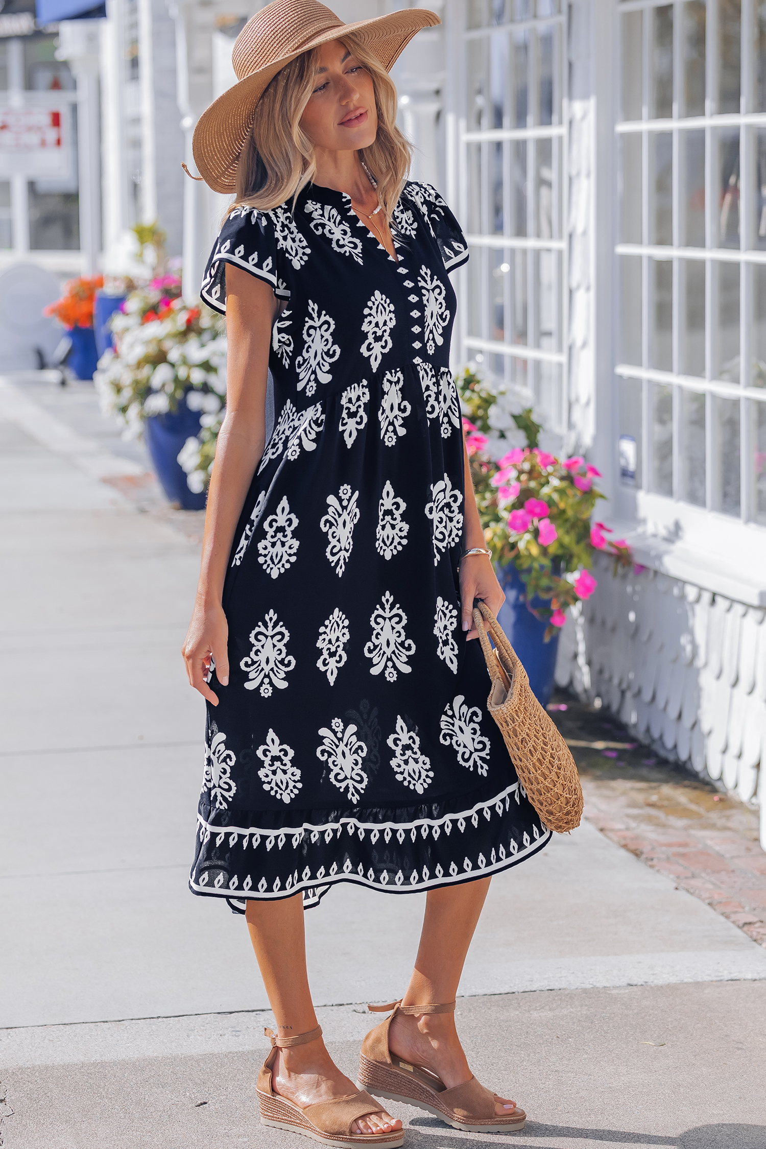 Blue Western Ethnic Print Notched Neck Short Sleeve Midi Dress view 3