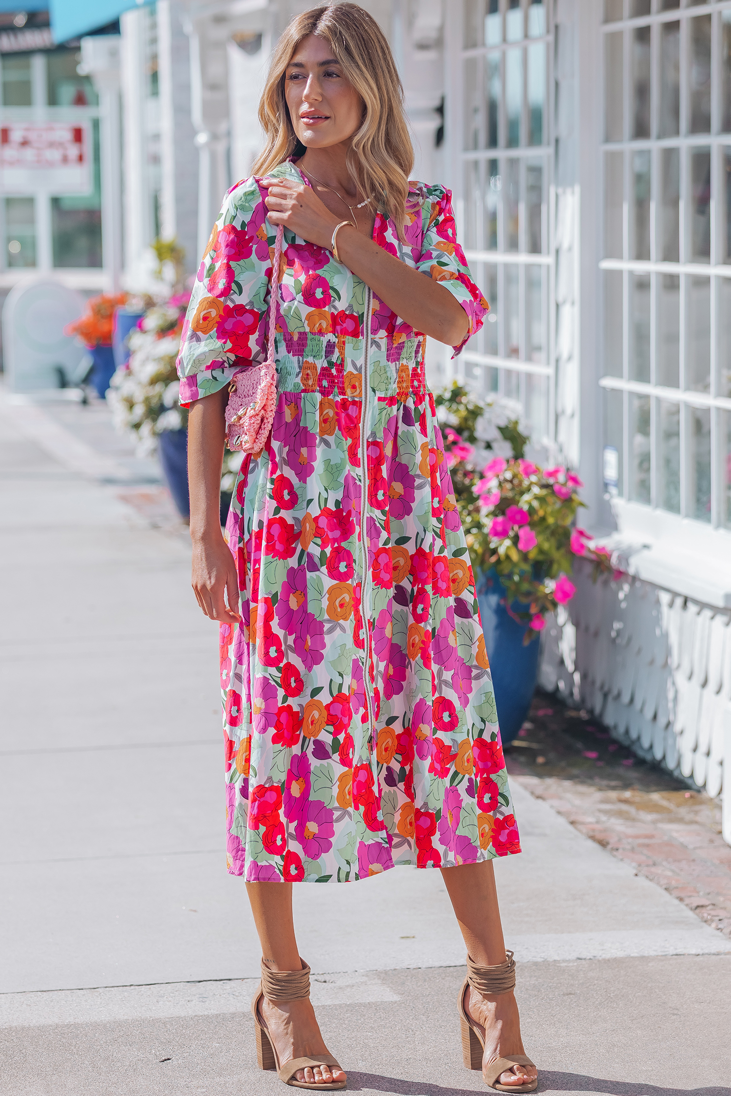 Rose Vibrant Floral Print V Neck Zip Up Puffy Half Sleeve Dress view 6