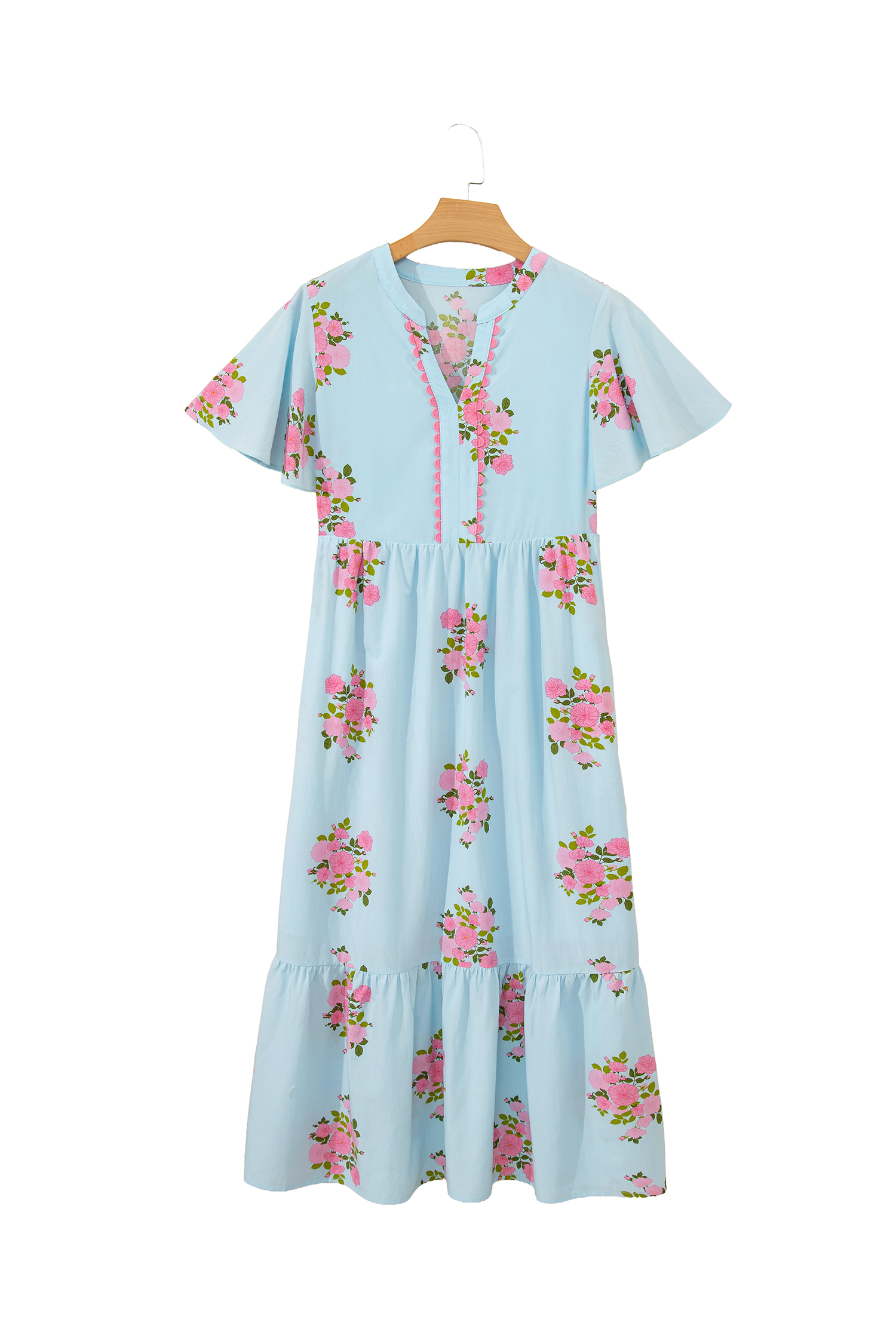 Sky Blue Notched Neck Flutter Short Sleeve Floral Print Maxi Dress view 30