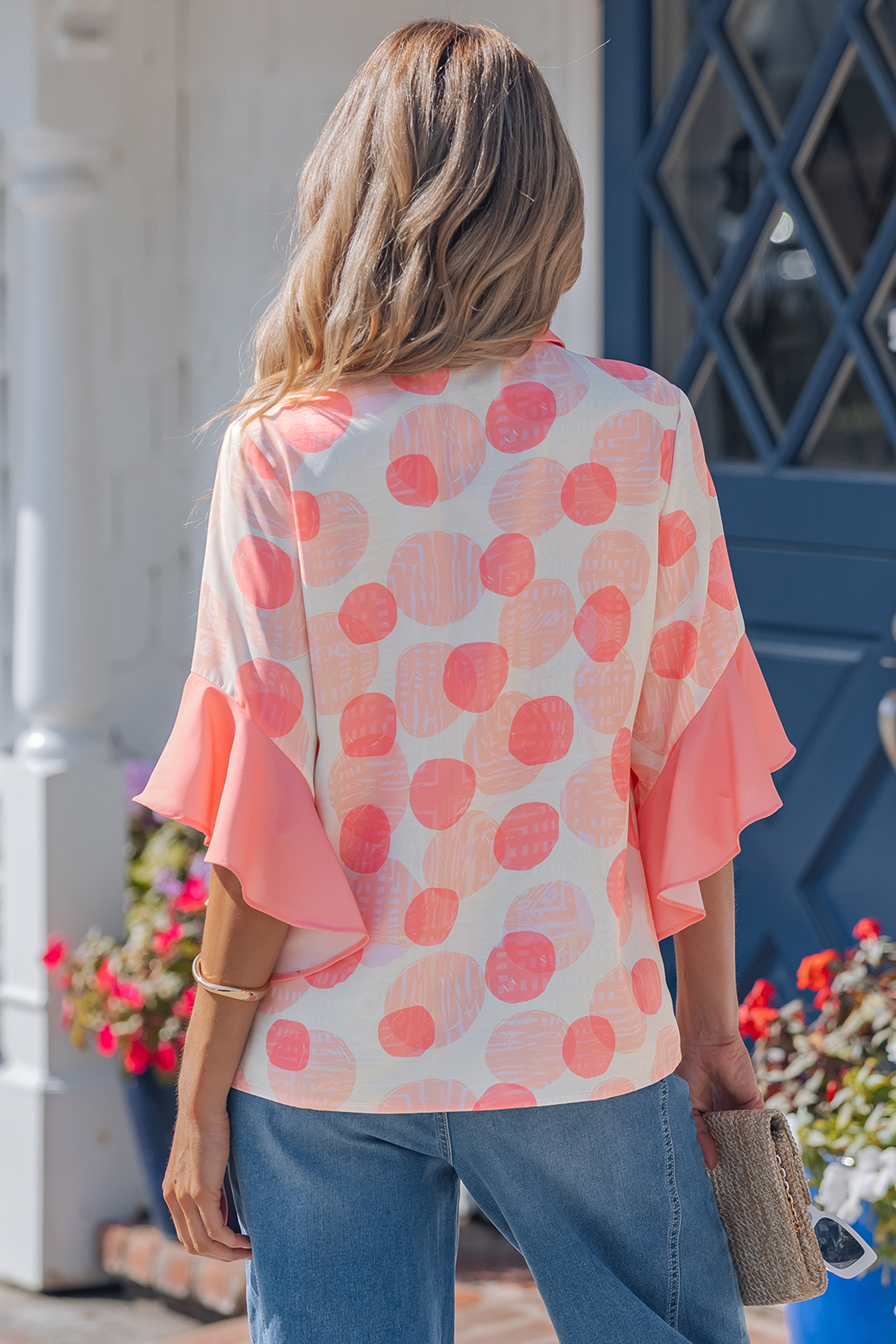 Pink Double Polka Dot Printed Ruffle Trim Short Sleeve Babydoll Shirt view 2