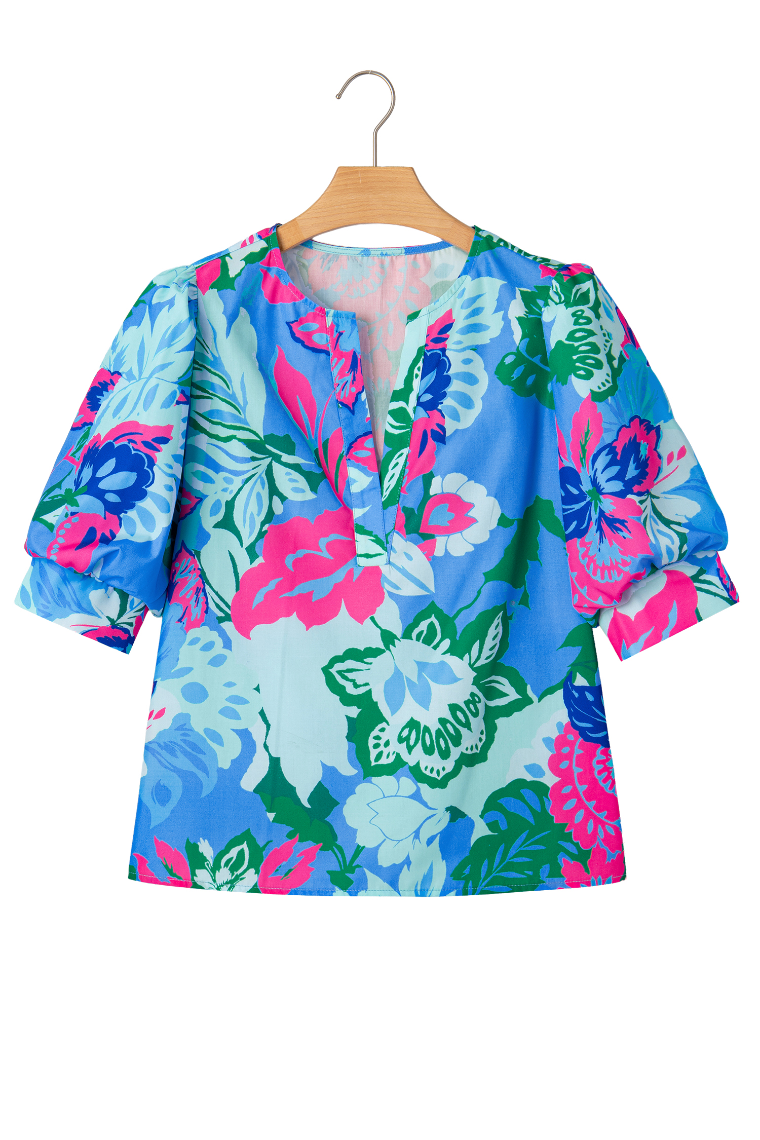 Sky Blue Floral Print V Neck Half Sleeve Blouse view 20