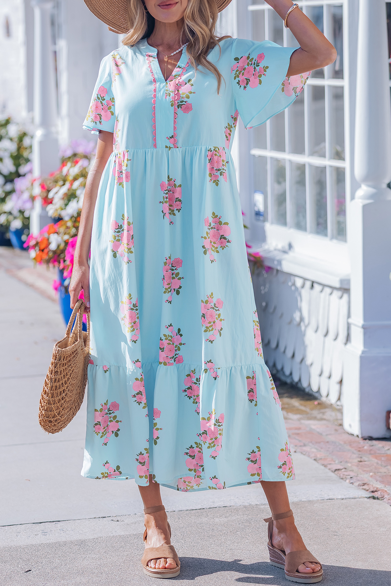 Sky Blue Notched Neck Flutter Short Sleeve Floral Print Maxi Dress view 8