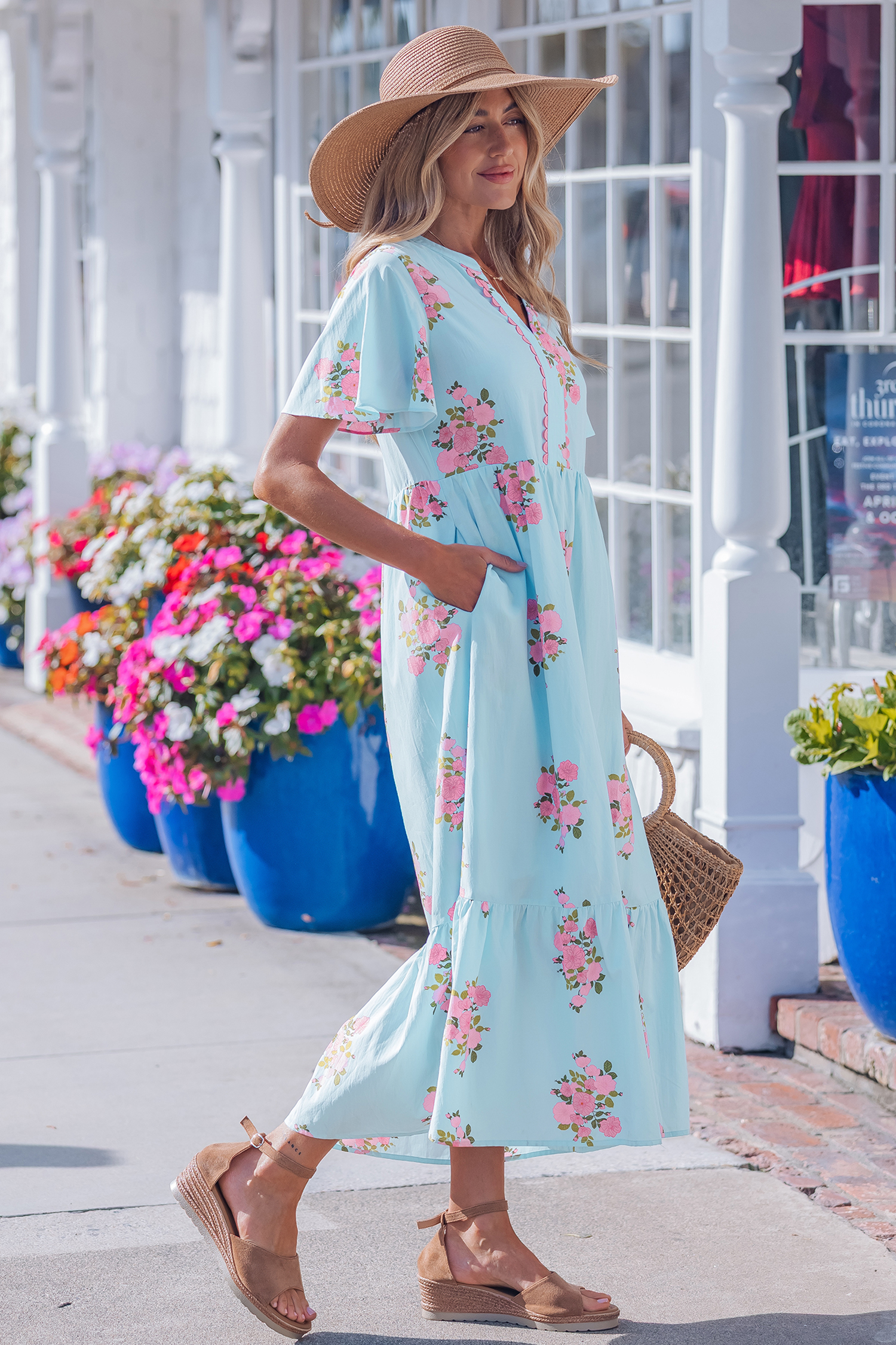 Sky Blue Notched Neck Flutter Short Sleeve Floral Print Maxi Dress view 4