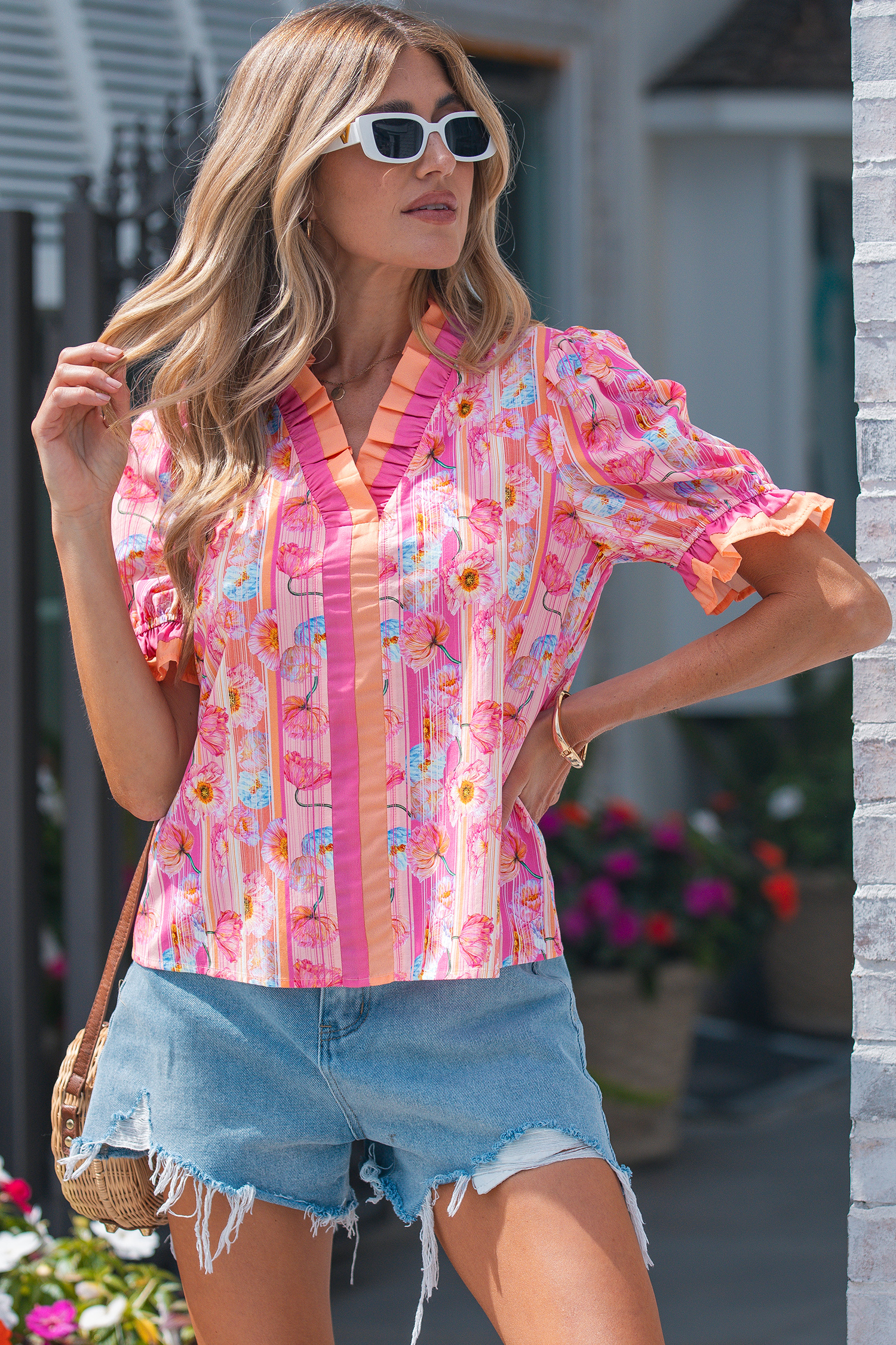 Pink Poppy Flower Striped Print Color Block Trim V Neck Short Sleeve Blouse view 6