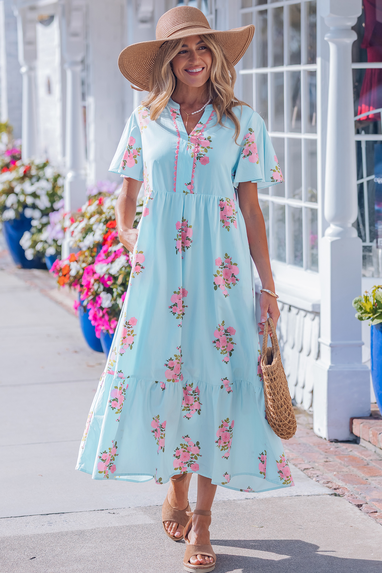 Sky Blue Notched Neck Flutter Short Sleeve Floral Print Maxi Dress view 5