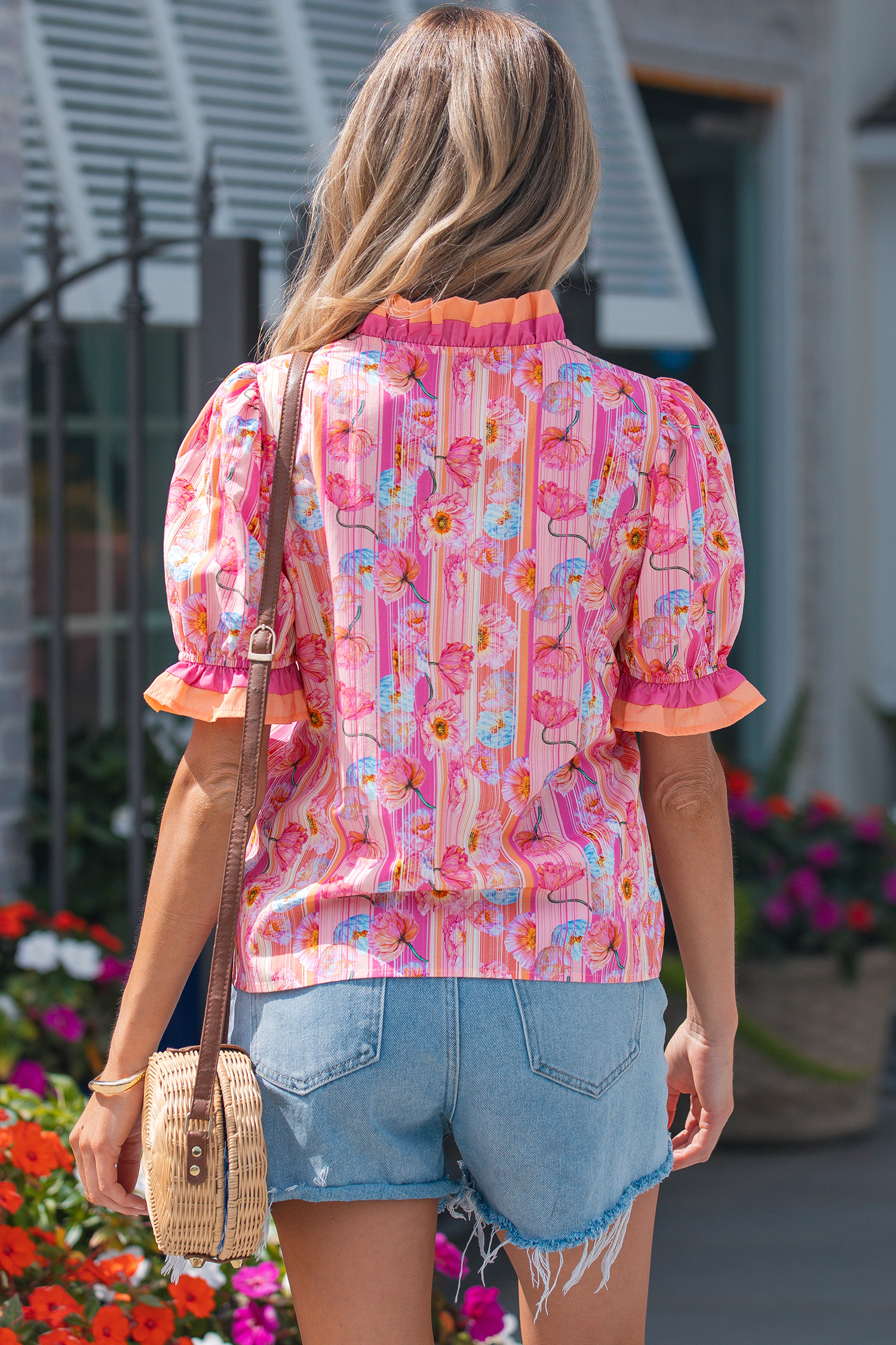 Pink Poppy Flower Striped Print Color Block Trim V Neck Short Sleeve Blouse view 2